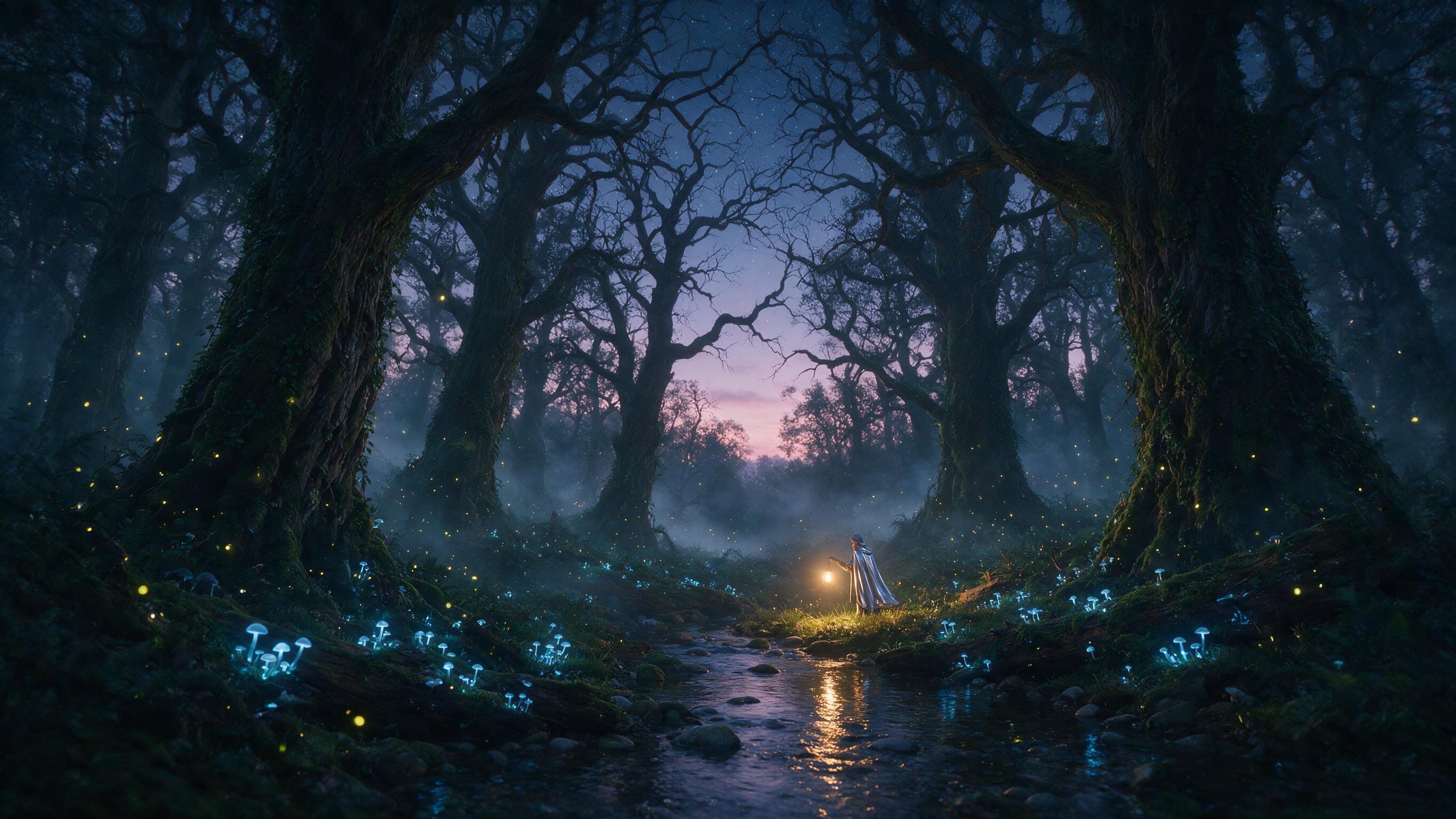 A luminous forest at twilight, glowing blue mushrooms and fireflies floating among ancient gnarled trees, soft mist weaving through the undergrowth, a lone figure in a flowing silver cloak standing by a small stream, warm golden light from a lantern, ethereal atmosphere, slight camera shake, natural