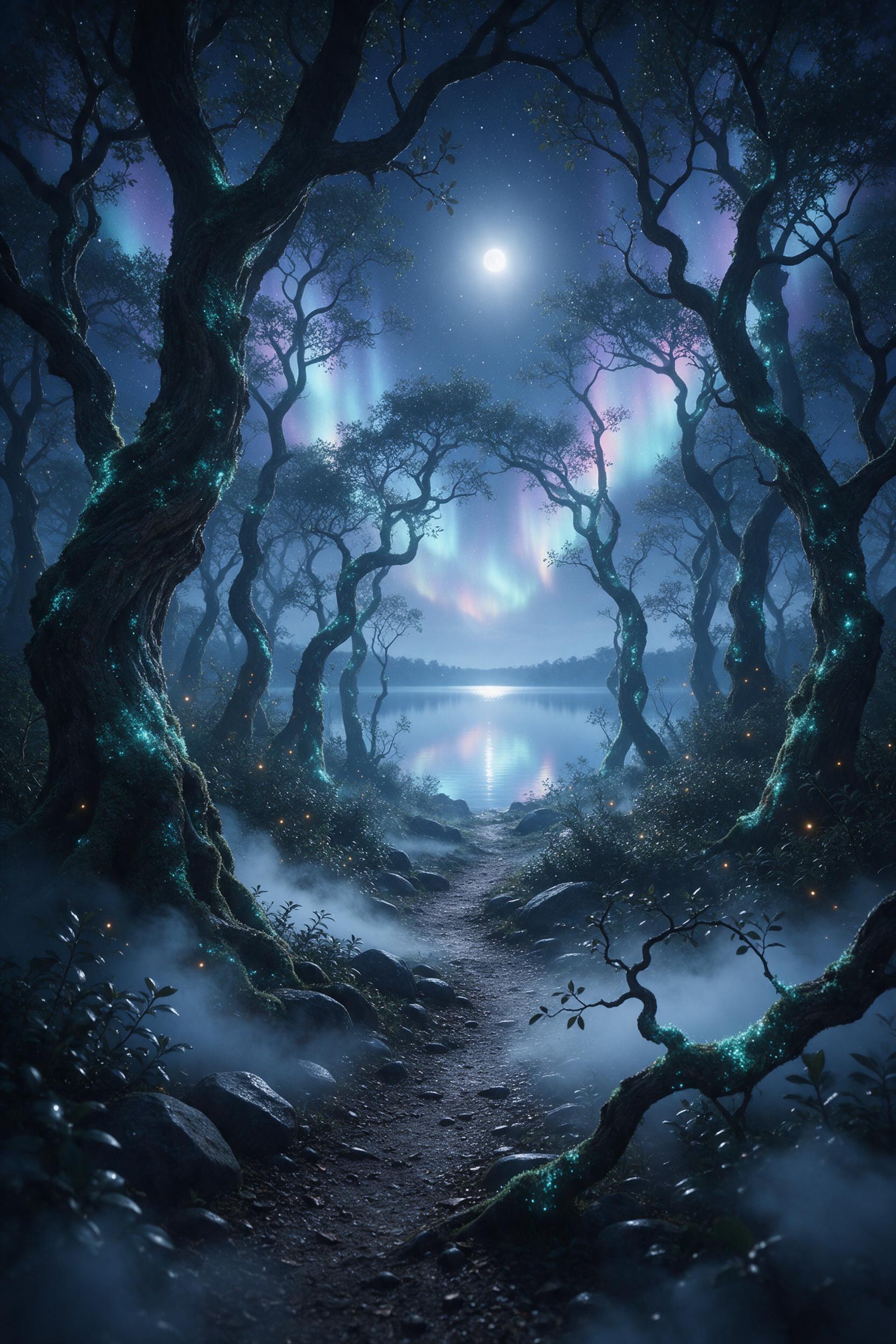 A moonlit enchanted forest in deep indigo and silver, ancient twisted trees with glowing teal moss, a narrow path leading to a distant crystal lake, soft mist swirling at ground level, fireflies as golden specks among the leaves, cosmic aurora faintly visible above the canopy, ethereal atmosphere, c