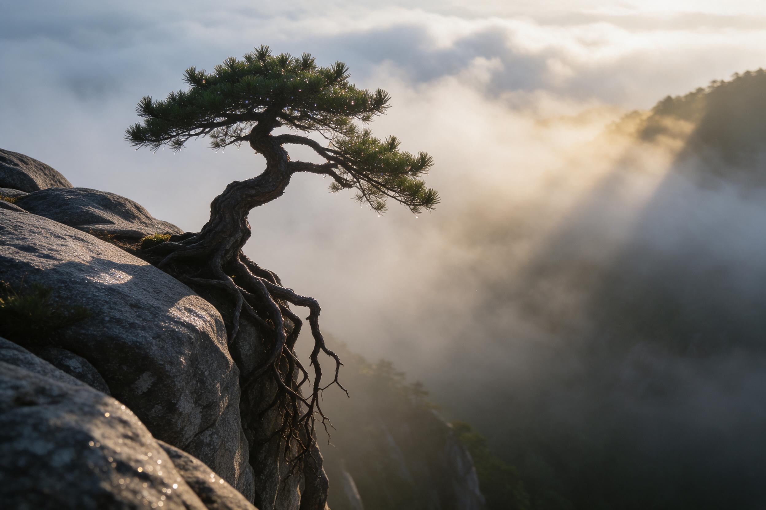 A lone ancient twisted pine clings to a granite cliff edge, its roots exposed to the abyss. Deep mist rolls through the valley below, pierced by early golden sunlight. The scene is caught in shallow depth of field, with dew droplets on the bark glistening. Slight atmospheric haze, natural light, con