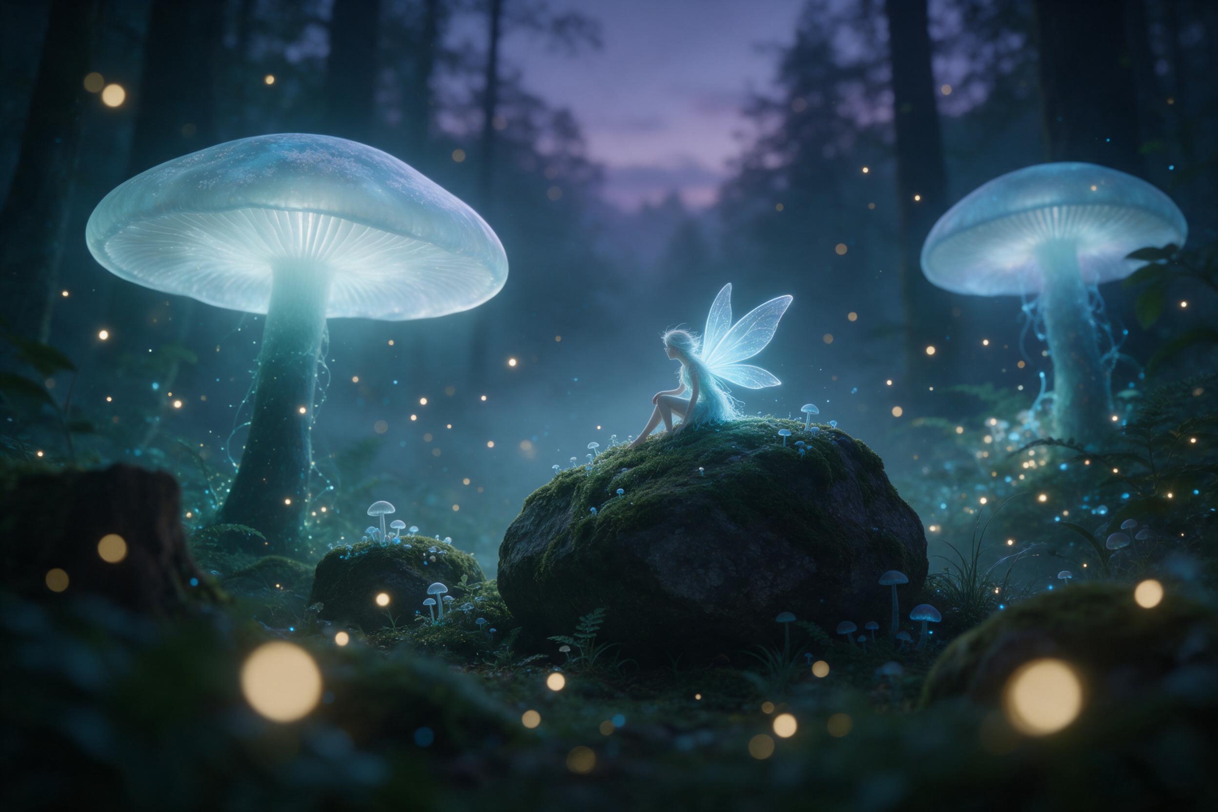 A bioluminescent forest at twilight, giant glowing mushrooms with translucent caps, a tiny fairy with glowing wings sitting on a mossy rock, fireflies drifting through fog, deep teal and violet palette, soft rim light, shallow depth of field, dreamy ethereal atmosphere, no harsh shadows