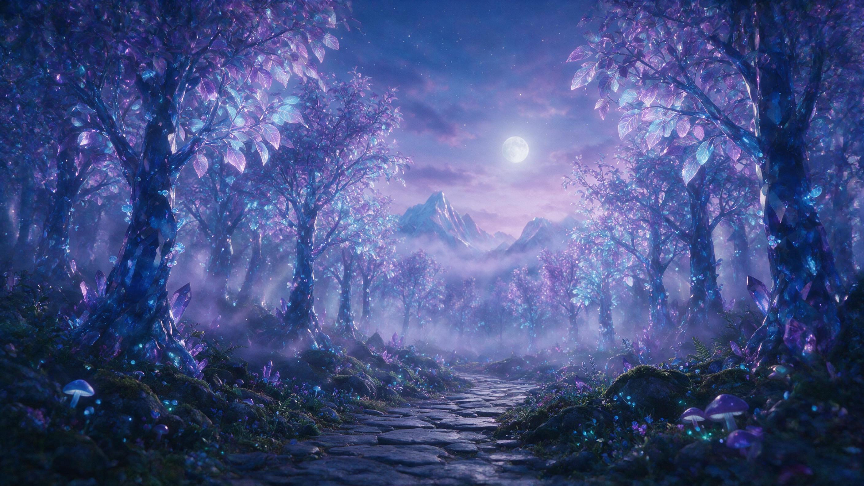 A glowing crystal forest at twilight, bioluminescent trees with translucent leaves, soft violet mist weaving between trunks, a small stone path winding forward, distant ethereal mountains, cool blue and purple palette, gentle god rays from a low moon, serene atmosphere, subtle film grain