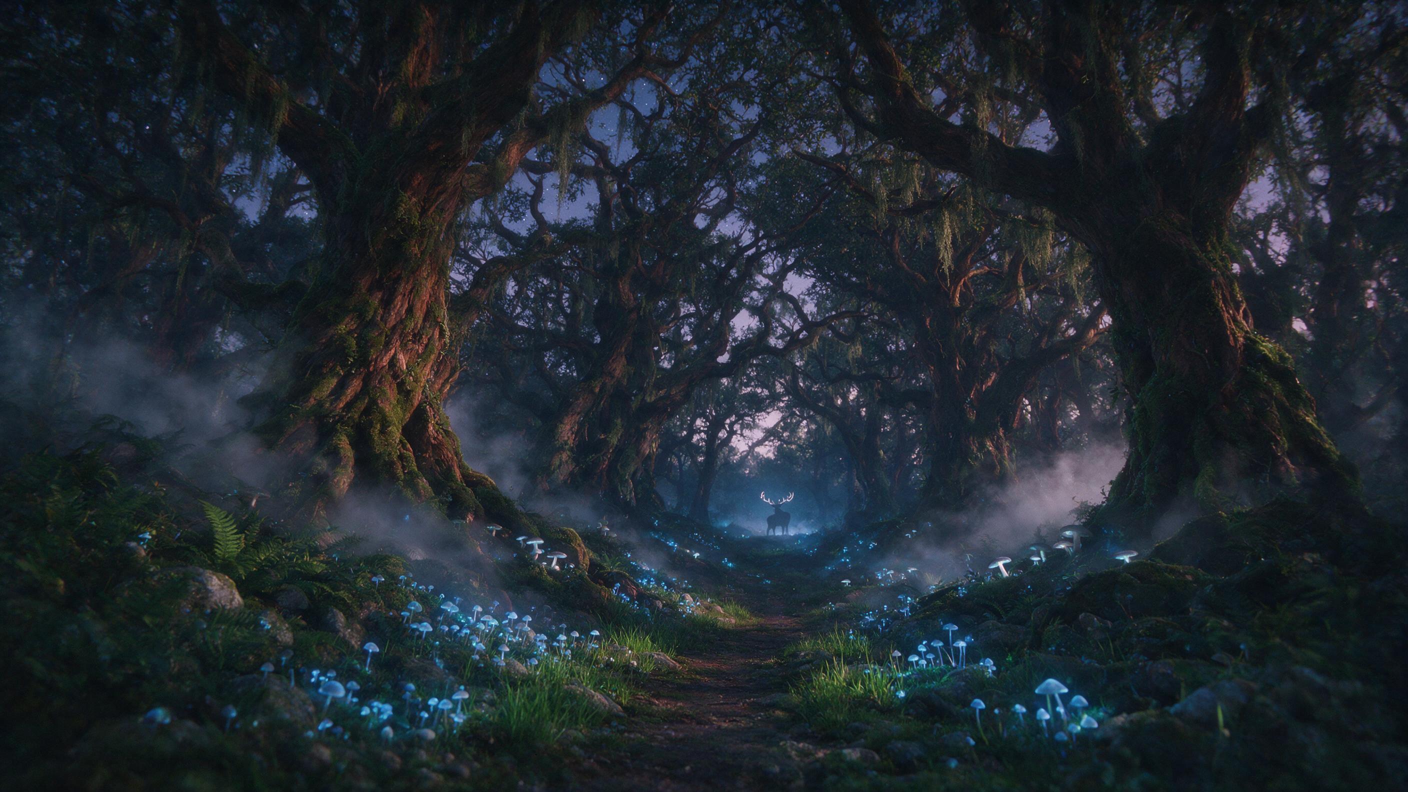 An ethereal forest at twilight, glowing mushrooms casting soft blue light on a winding path, mist swirling among ancient gnarled trees, a distant silhouette of a deer with antlers glowing faintly, cinematic composition, soft focus, magical atmosphere, natural lighting, slight grain