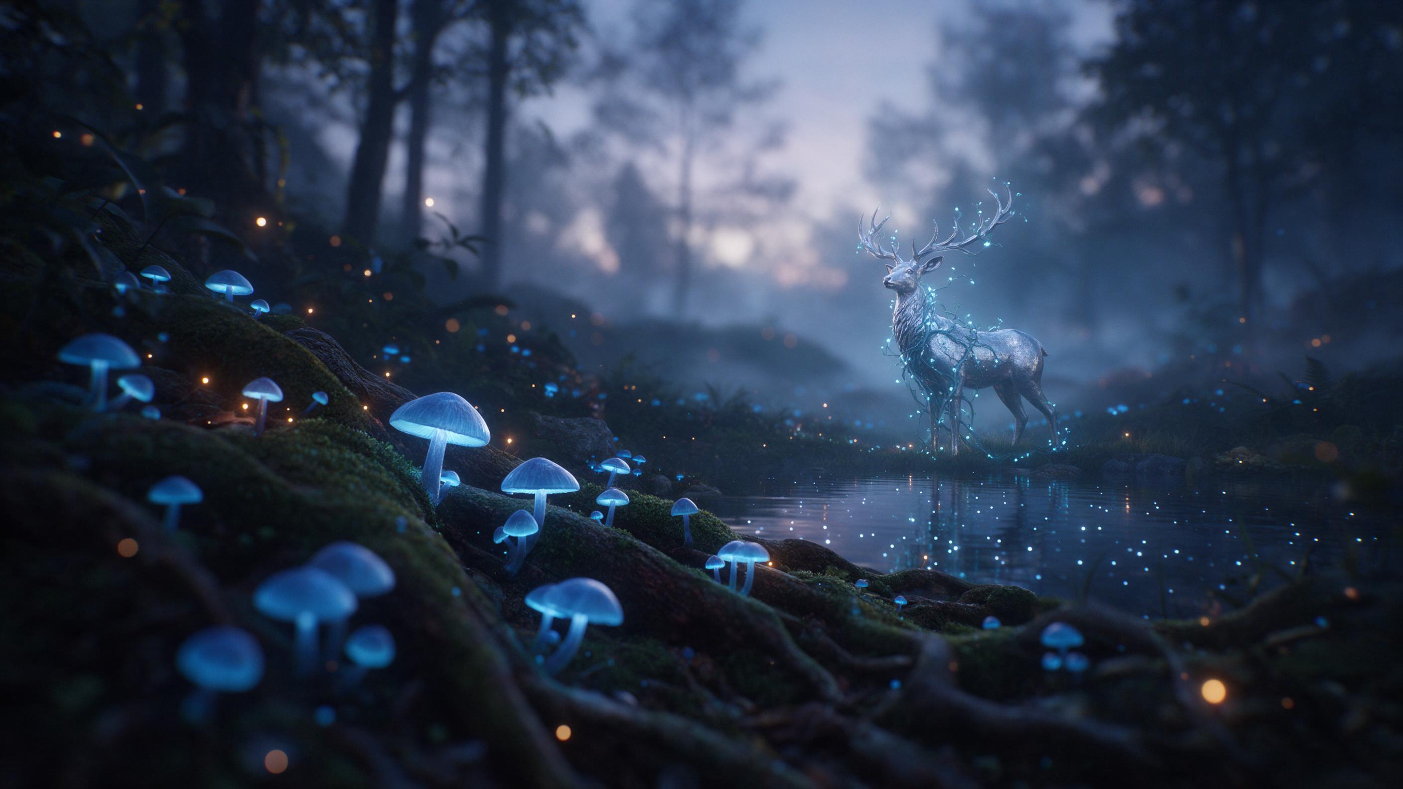 A misty twilight forest with glowing blue mushrooms on mossy roots, a silver deer with antlers entwined in luminescent vines stands by a still pond, reflected starlight, soft ethereal fog, cool color palette with warm amber highlights, gentle macro focus on foreground fungi, layered composition lead