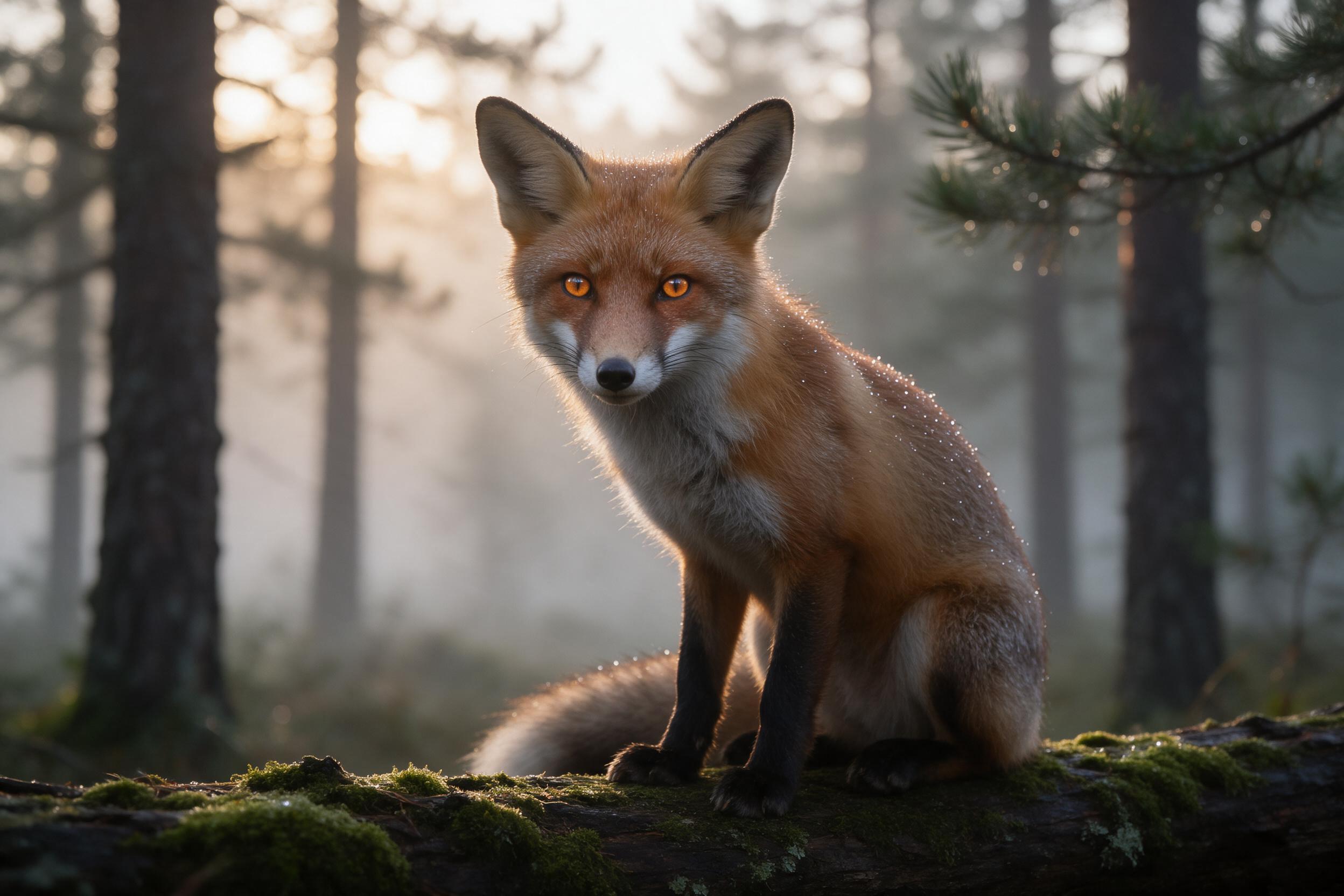 A red fox sits on a mossy log in a misty pine forest at dawn. Soft golden light filters through fog, dew on fur glistens. Sharp focus on the fox's amber eyes, blurred background, shallow depth of field, natural color palette.