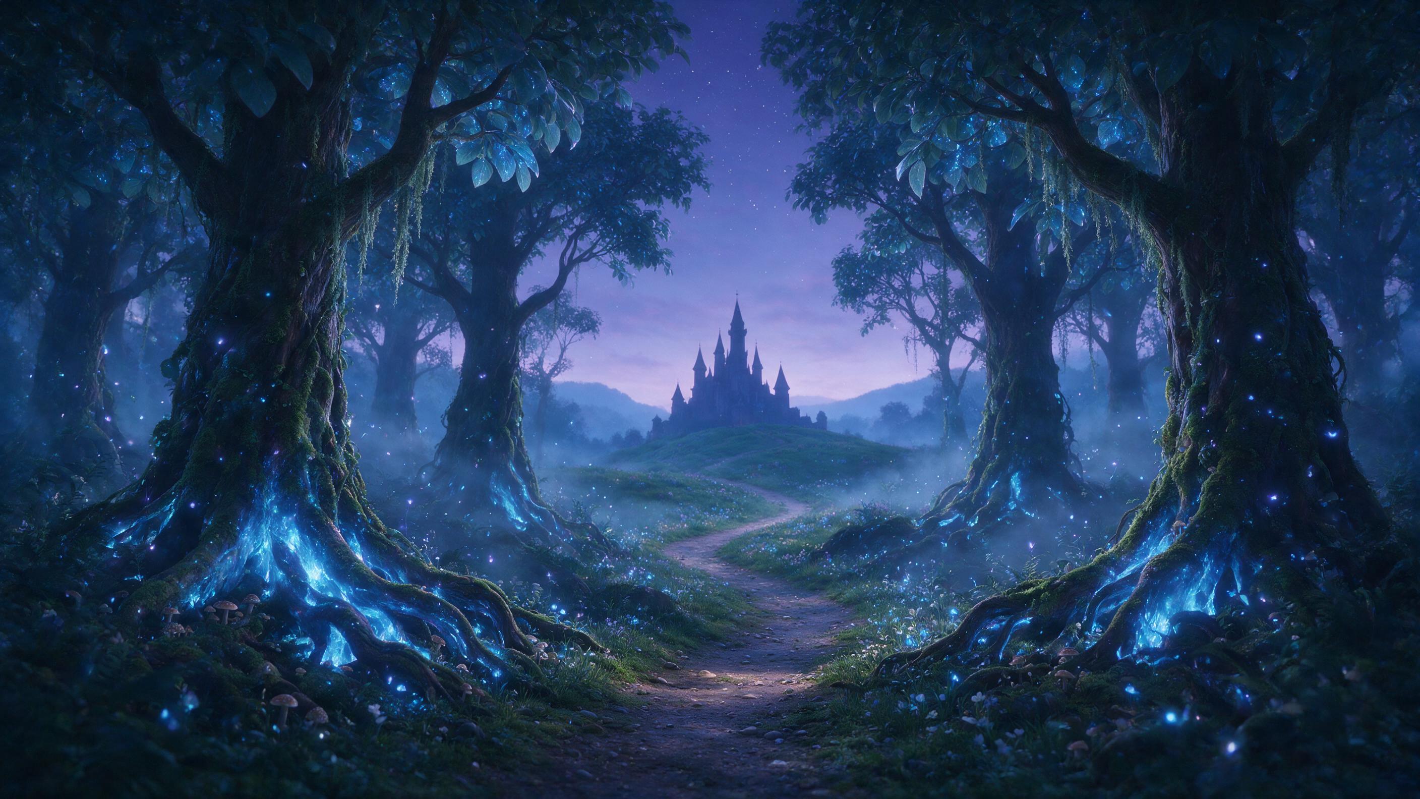 A mystical forest at twilight, ancient trees with glowing blue roots, soft fireflies floating in the air, a narrow dirt path leading to a distant castle silhouette, cool blue and purple tones, gentle mist, cinematic lighting, shallow depth of field.