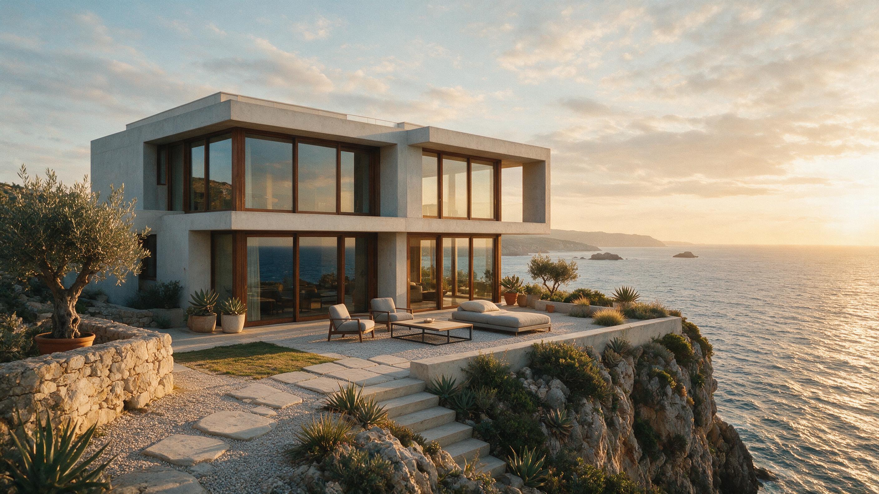 A minimalist concrete house perched on a cliff edge at sunset, warm golden light casting long shadows across the terrace, Mediterranean sea in the background, soft clouds, clean lines, natural lighting, slight grain, no people, no cars
