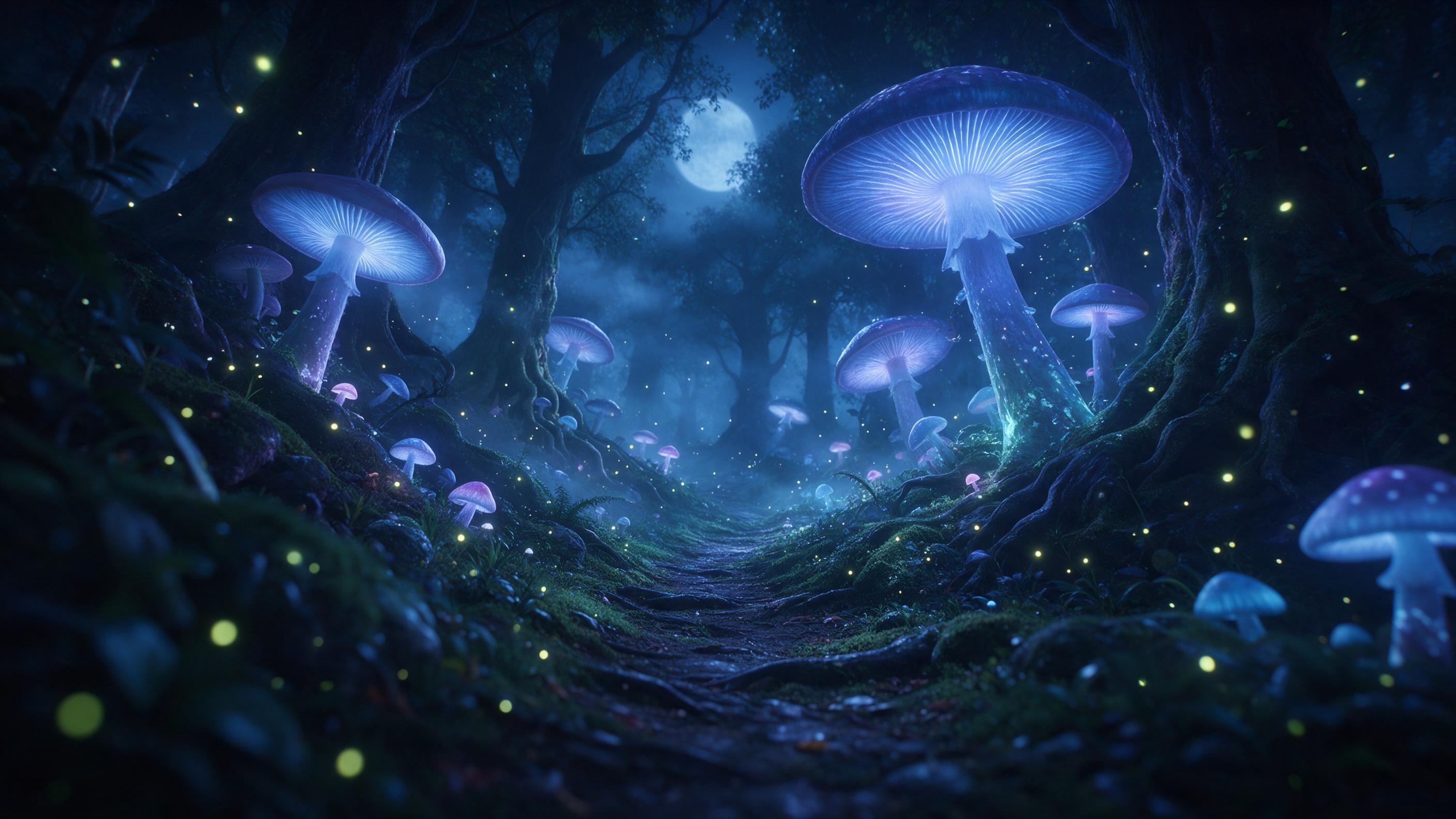 A moonlit enchanted forest where giant bioluminescent mushrooms cast soft blue and violet light on a winding mossy path. Fireflies drift like tiny lanterns, and ancient trees with gnarled roots glow faintly. Mist curls between trunks, creating depth. Low camera angle, foreground blurred slightly, mo