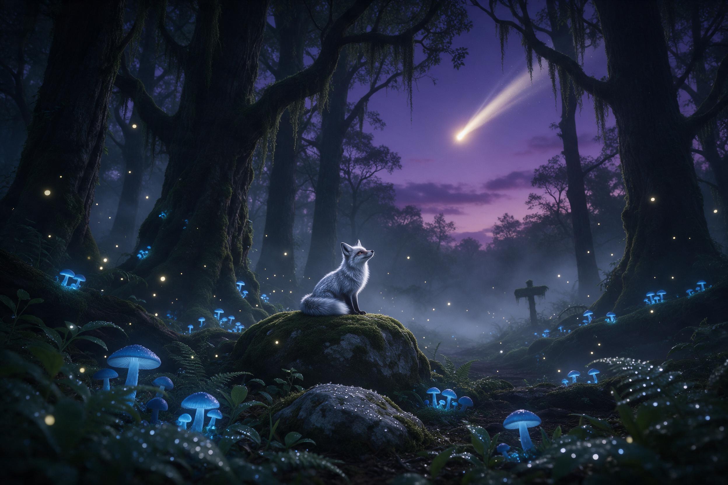 A misty twilight forest, glowing blue mushrooms and fireflies floating among ancient mossy trees. A small fox with shimmering silver fur sits on a stone, watching a distant comet streak across a violet sky. Soft volumetric light, dew on leaves, quiet magical atmosphere.
