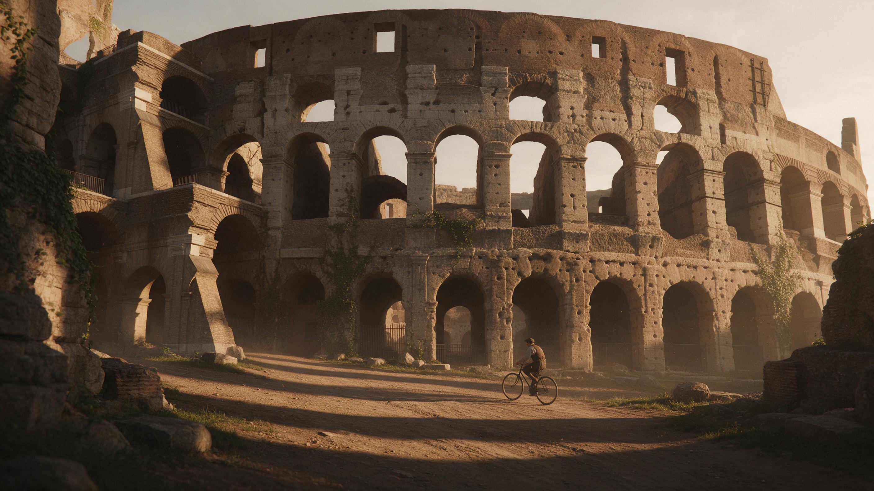 Ancient Roman colosseum ruins at golden hour, weathered stone arches casting long shadows across a dirt path, ivy creeping on cracked walls, a solitary cyclist in vintage clothing riding past, warm amber light with soft haze, wide-angle composition emphasizing scale, subtle dust particles in the air