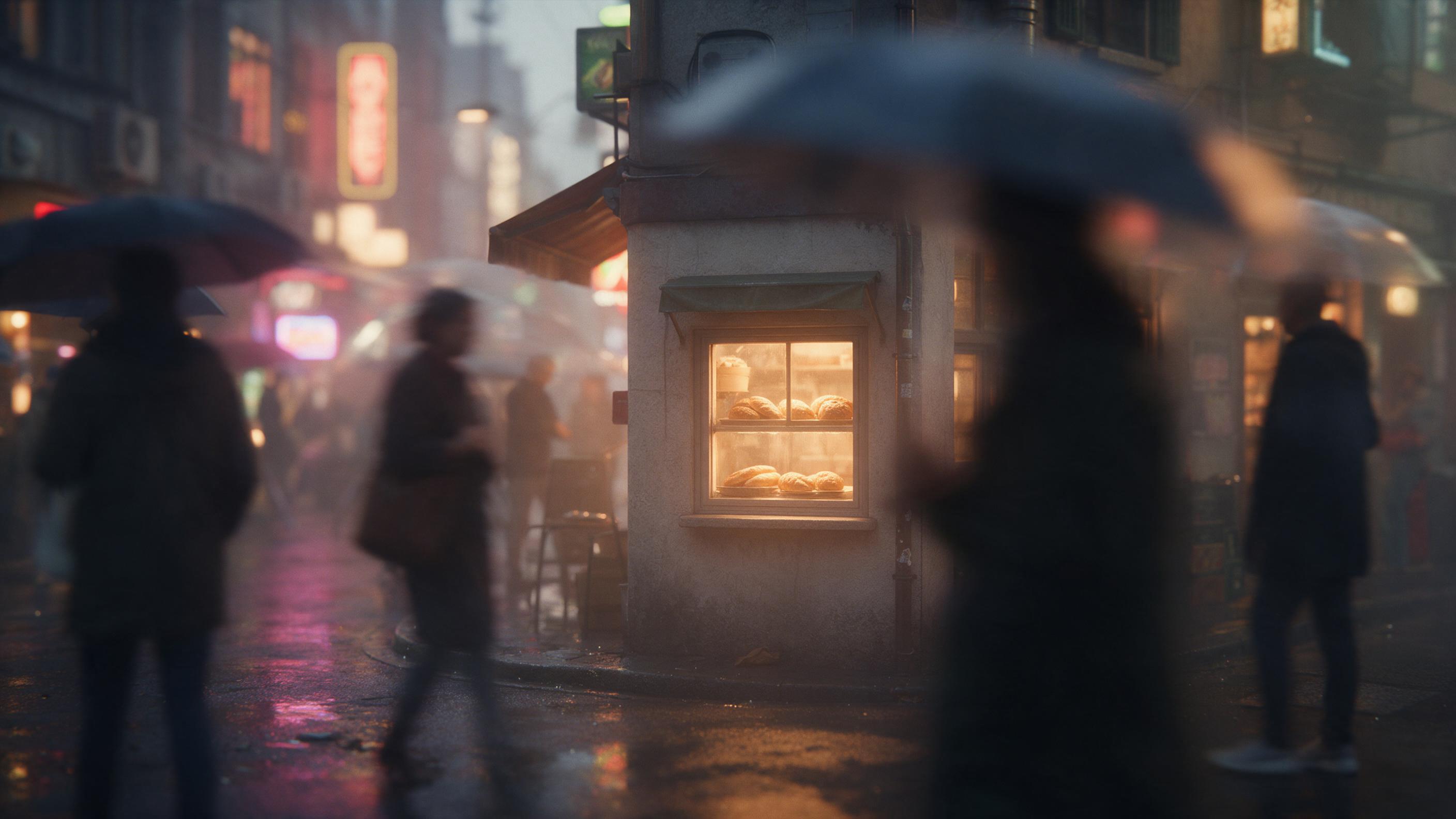 Cozy rainy street scene at dusk, warm glow from a small bakery window, blurred figures with umbrellas, wet asphalt reflecting neon signs, soft haze, shallow depth of field, cinematic composition.