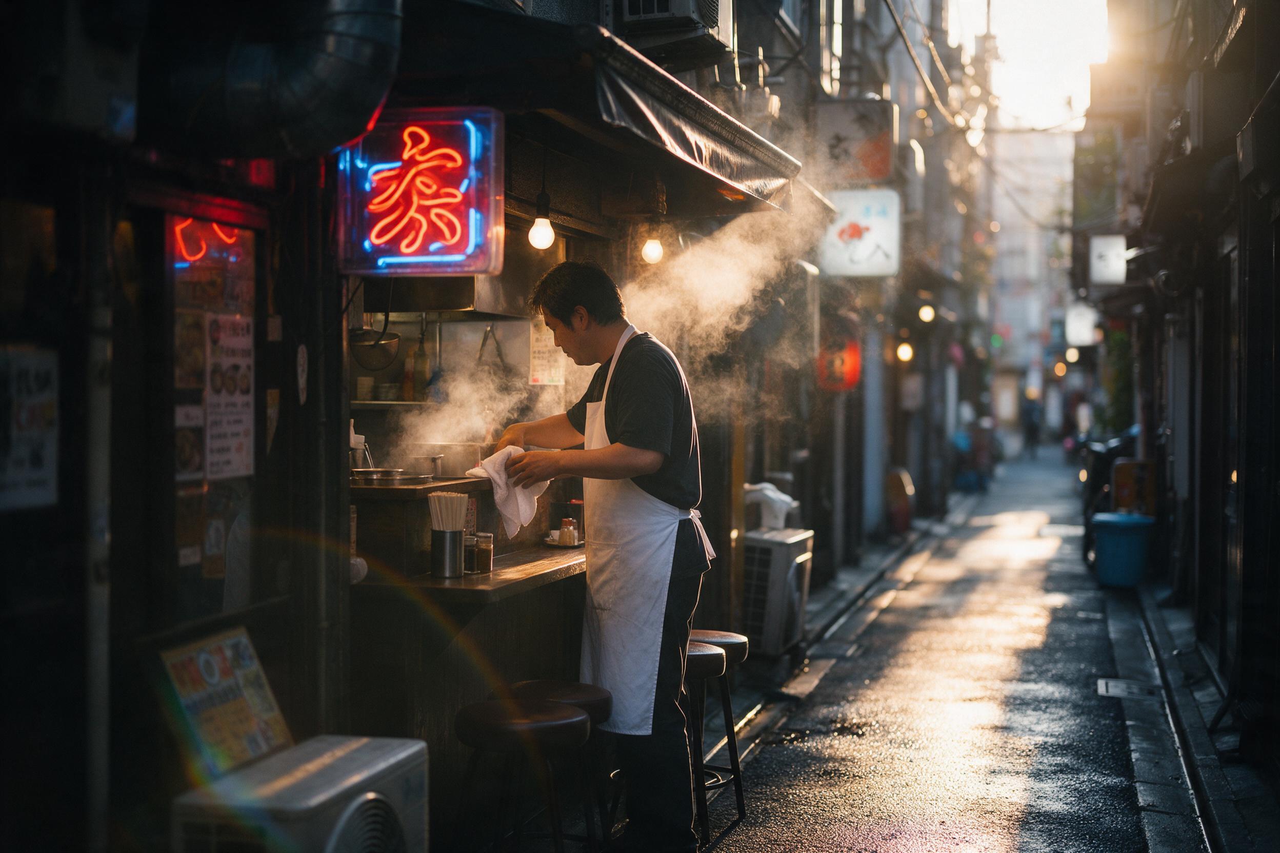 Golden hour in a narrow Tokyo alley, steam rising from a tiny ramen shop, neon signs flickering, wet asphalt reflecting warm light, a chef in white apron wiping counter, shallow depth of field, slight lens flare, natural color grading