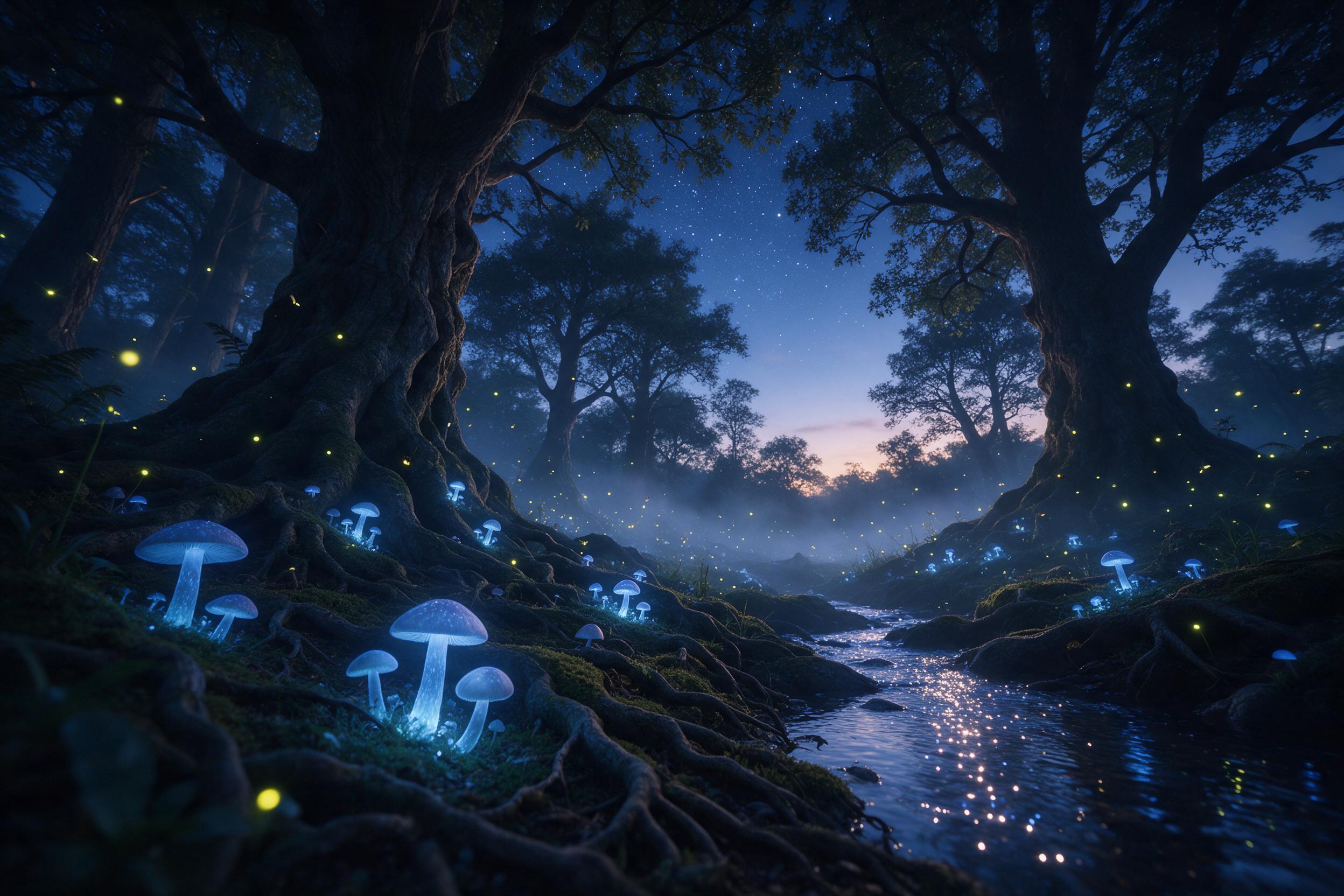 An enchanted forest clearing at twilight, bioluminescent mushrooms casting a soft blue glow, ancient gnarled trees with roots weaving through mossy ground, a sparkling stream reflecting starry sky, thin mist hanging in the air, fireflies dancing, ethereal atmosphere, low angle composition