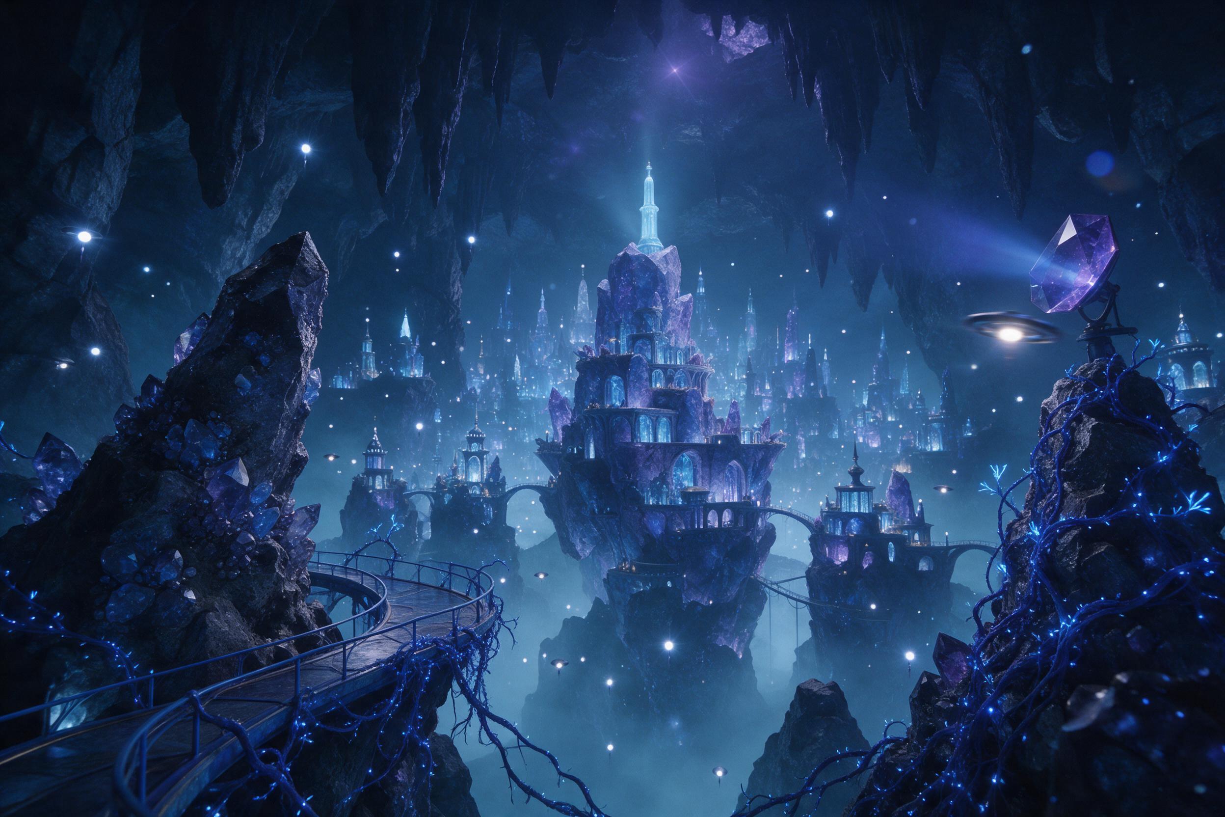 A vast subterranean city carved into a crystal cavern, glowing bioluminescent vines along walkways, hovering drone lights, cold blue and purple tones, misty air, cinematic wide shot, faint lens flare, slight motion blur