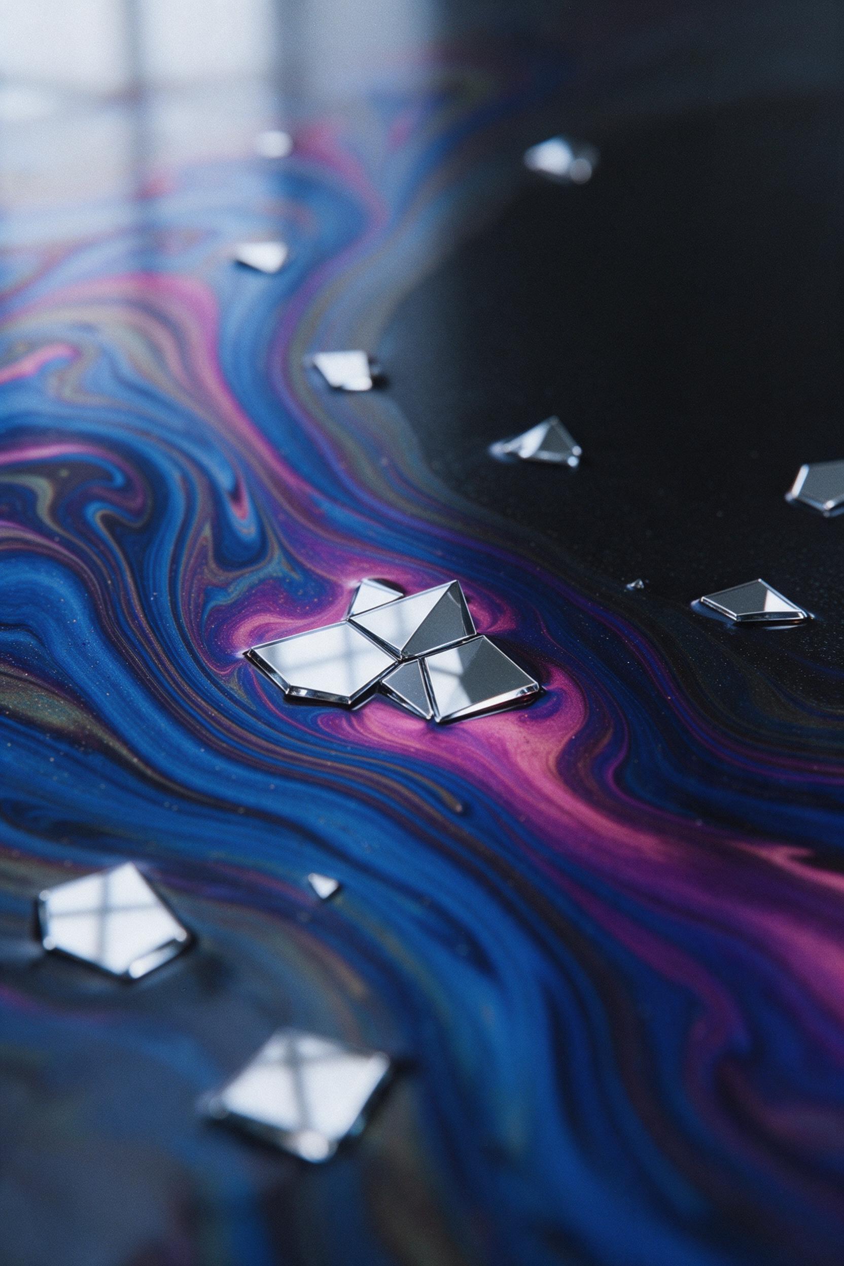 A fluid abstract composition with swirling ribbons of iridescent oil on water, cobalt blue and magenta blending into a dark void, sharp geometric shards of chrome reflecting soft window light, shallow depth of field, matte finish, subtle film grain