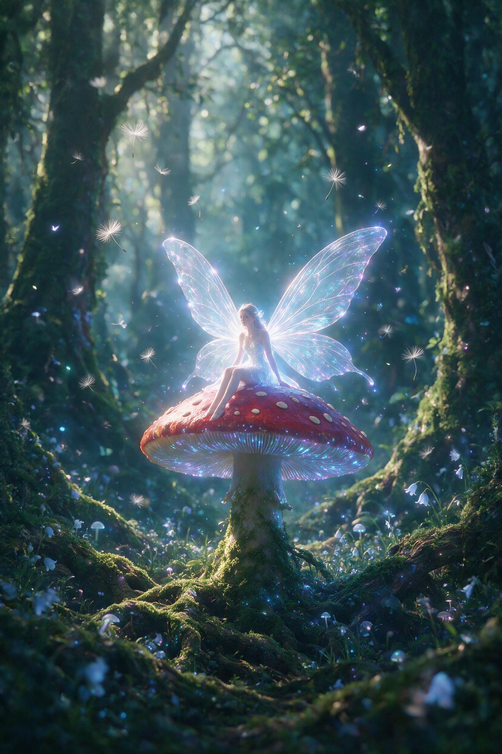A luminous fairy queen with translucent wings sits on a giant mushroom in an enchanted forest, soft blue and purple bioluminescent glow, misty atmosphere, ancient moss-covered tree roots, scattered dandelion seeds floating in the air, shallow depth of field, natural side lighting through the canopy,