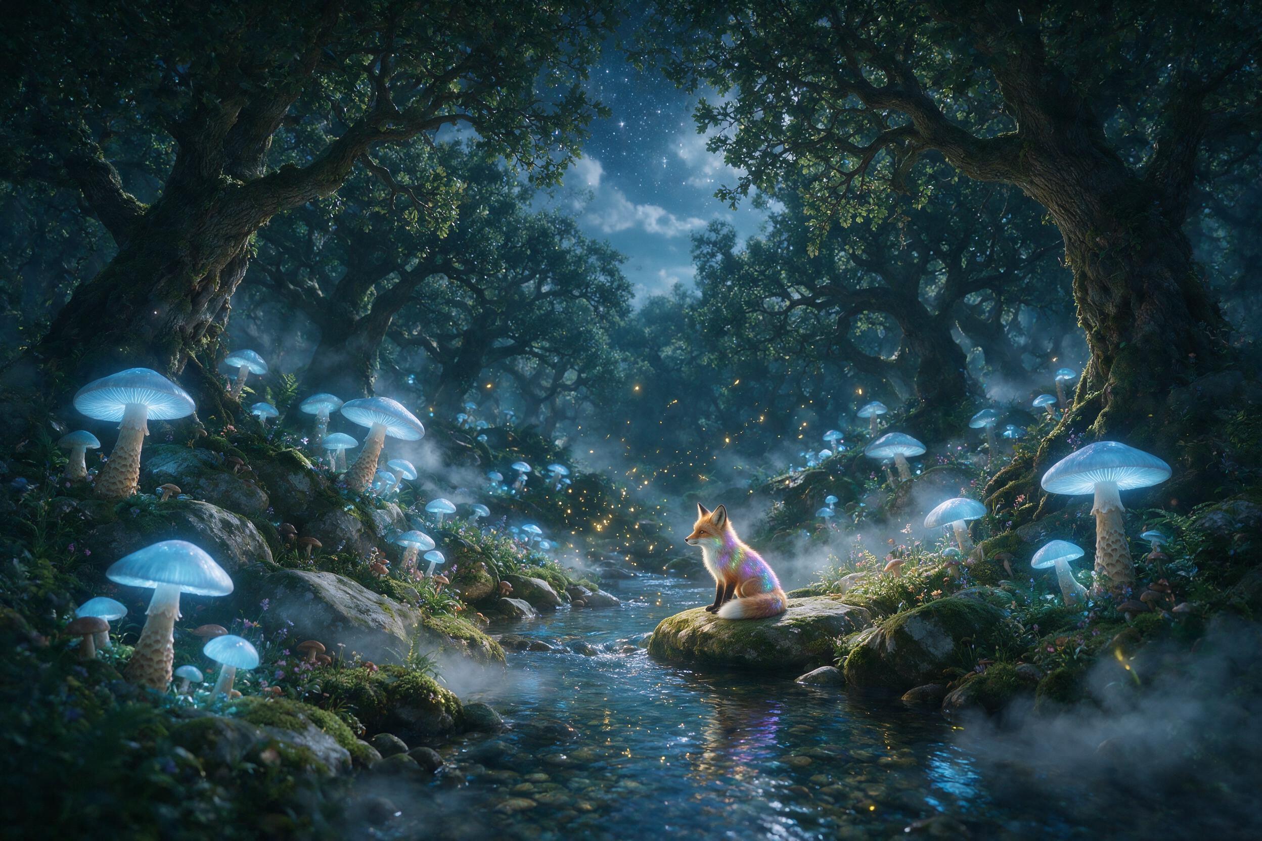 A hidden moonlit forest glade, where giant glowing mushrooms cast soft blue light on a winding stream. A small fox with iridescent fur sits on a mossy rock, gazing at floating wisps of golden fireflies. Mist weaves between ancient oak roots, and the scene is framed by arching branches. Soft volumetr