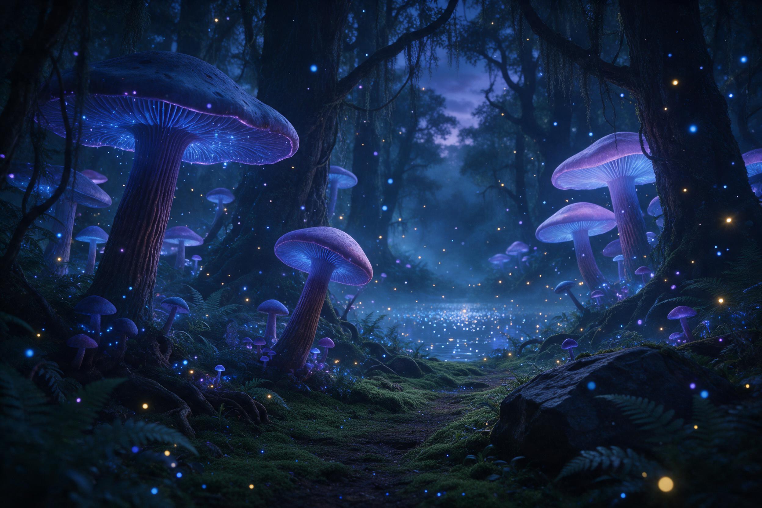 An ancient forest where giant bioluminescent mushrooms glow in hues of blue and violet, their spores drifting through the air like stars. A winding path covered in soft moss leads to a distant, shimmering pond. Mist weaves between gnarled trees, lit by warm golden light from fireflies dancing above.