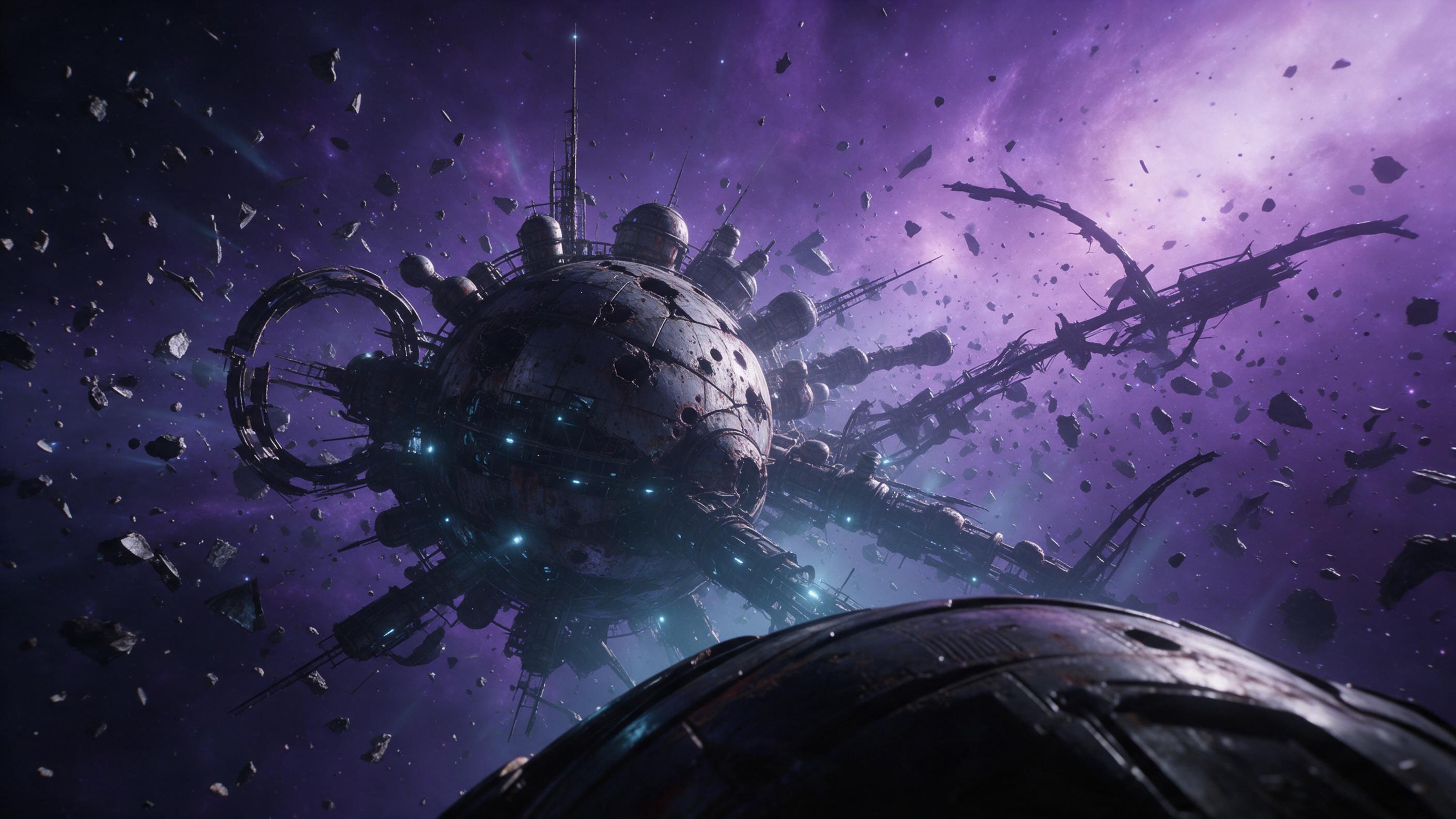 A derelict space station drifting in a purple nebula, its rusted hull pocked with impact craters. Pale cyan emergency lights flicker along broken corridors, casting long shadows. Low-angle view from a drifting pod, debris field glinting in distant star glow, volumetric haze, cinematic composition.