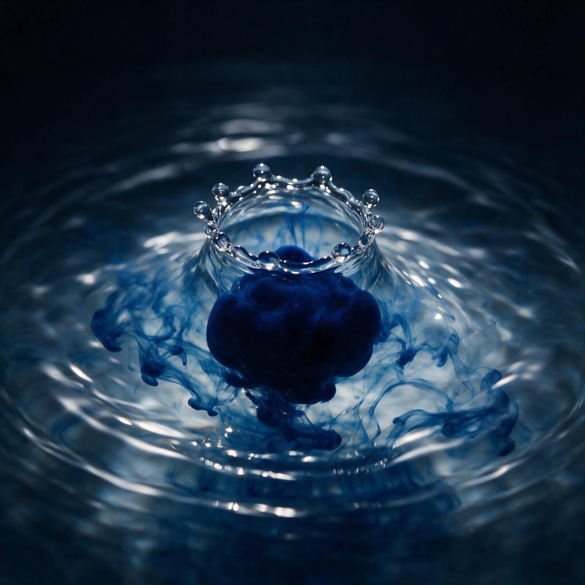 A single drop of deep blue ink falling into clear water, creating a delicate crown-like splash, illuminated by a single soft spotlight from above, dark background, high-speed photography, subtle water ripples, no text, minimalist composition, centered focus.