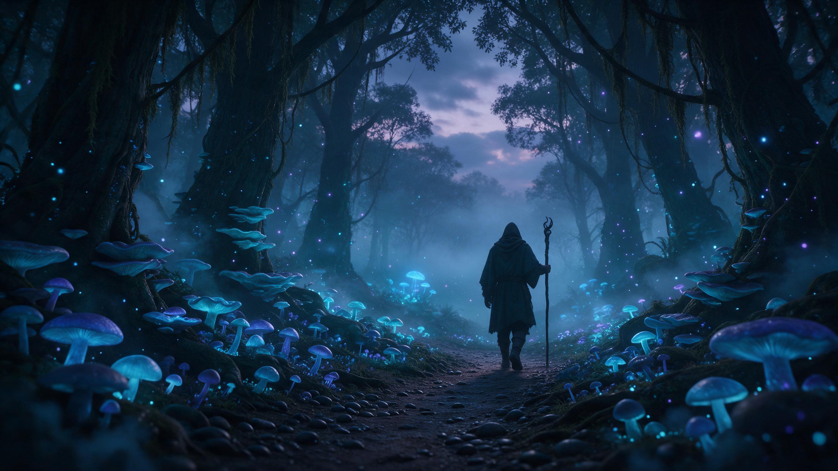 A misty bioluminescent forest at dusk, ancient towering trees with glowing blue mushrooms along a winding path, ethereal light particles floating in the air, a lone hooded figure with a staff walking away, soft fog, deep teal and violet palette, cinematic composition with leading lines