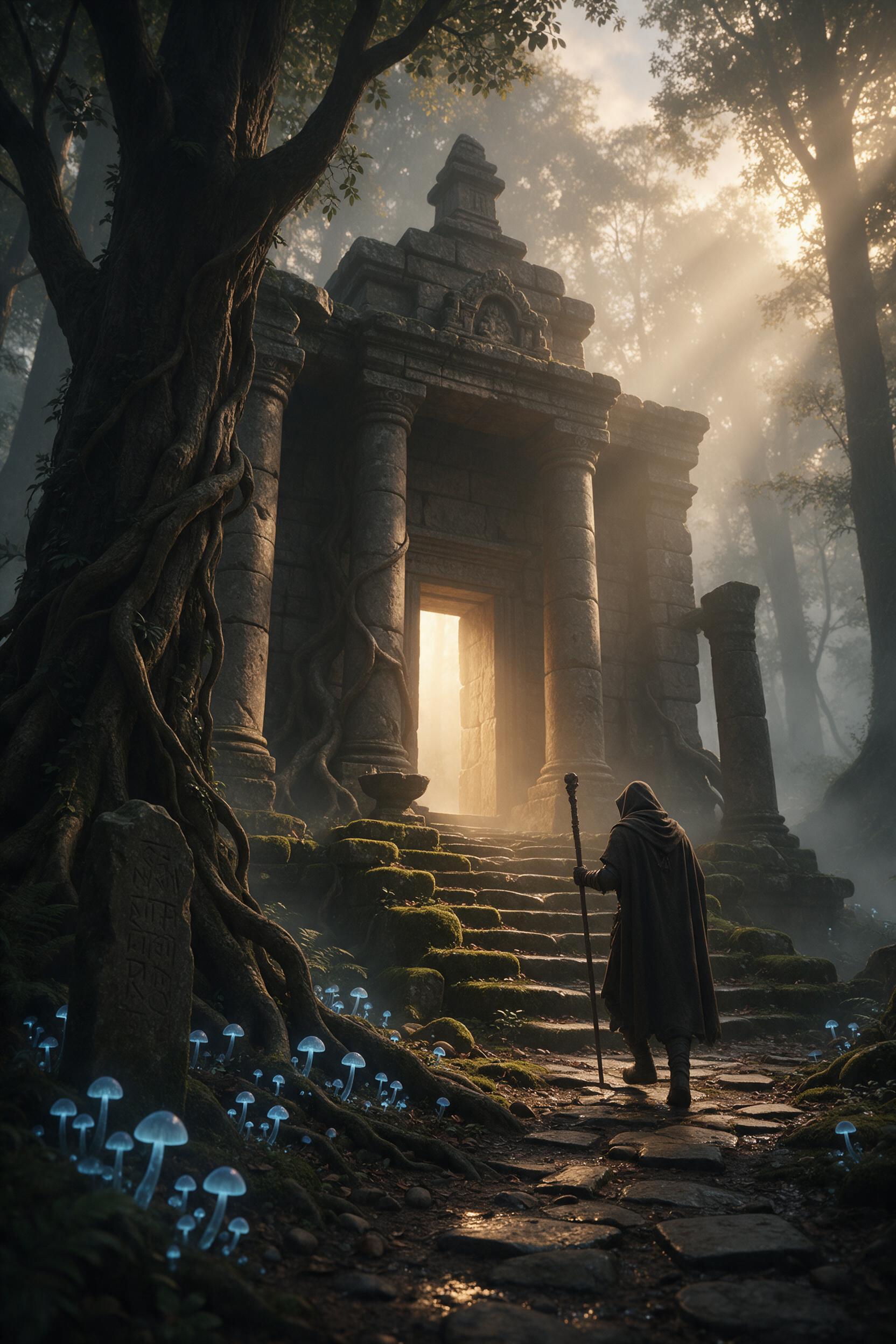 An ancient stone temple hidden in a misty forest, gnarled roots weaving through crumbling columns, glowing blue mushrooms lighting a narrow path, a lone hooded figure with a staff ascending mossy stairs, soft morning fog, warm golden rays piercing canopy, cinematic depth of field, muted earthy tones