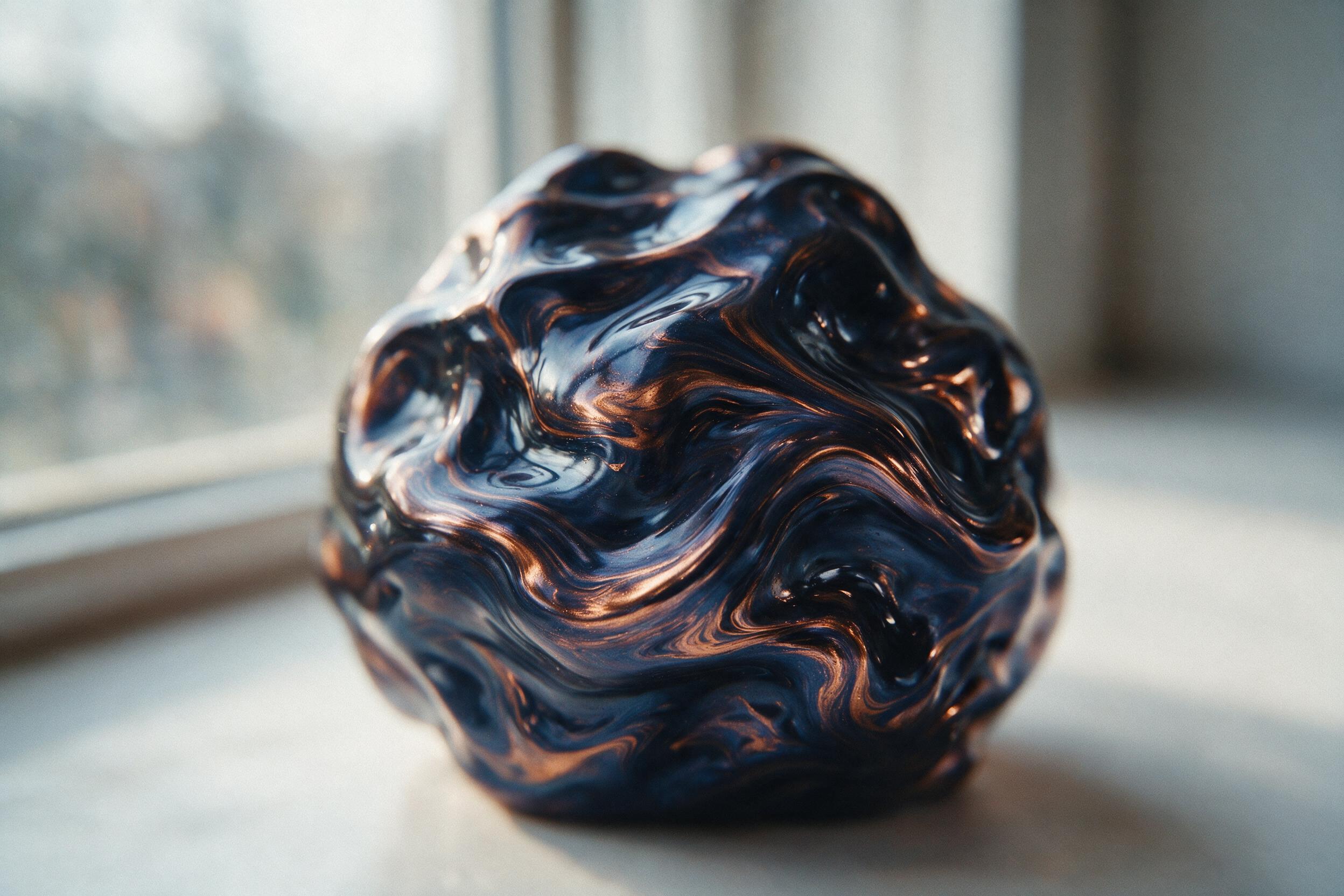 Swirling liquid metal in shades of indigo and copper, captured with a macro lens at f/2.8, shallow depth of field, soft reflections on the surface, natural window light casting gentle highlights, minimal composition with negative space, subtle grain for texture.