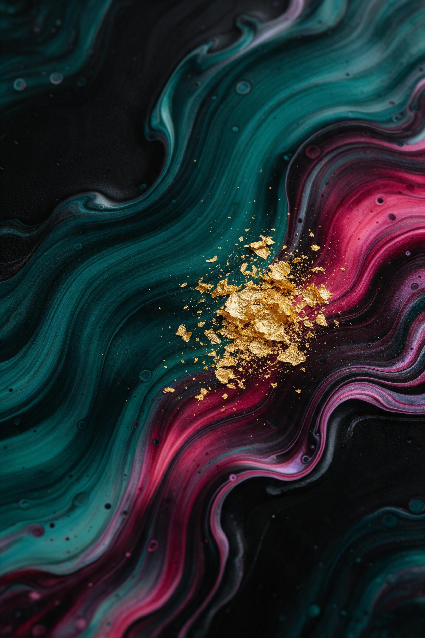 Fluid acrylic pour with teal, magenta, and gold leaf swirls on black canvas, macro shot with soft, even studio lighting; abstract waves and ripple patterns, smooth textural gradients, shallow depth of field, no text or watermark.