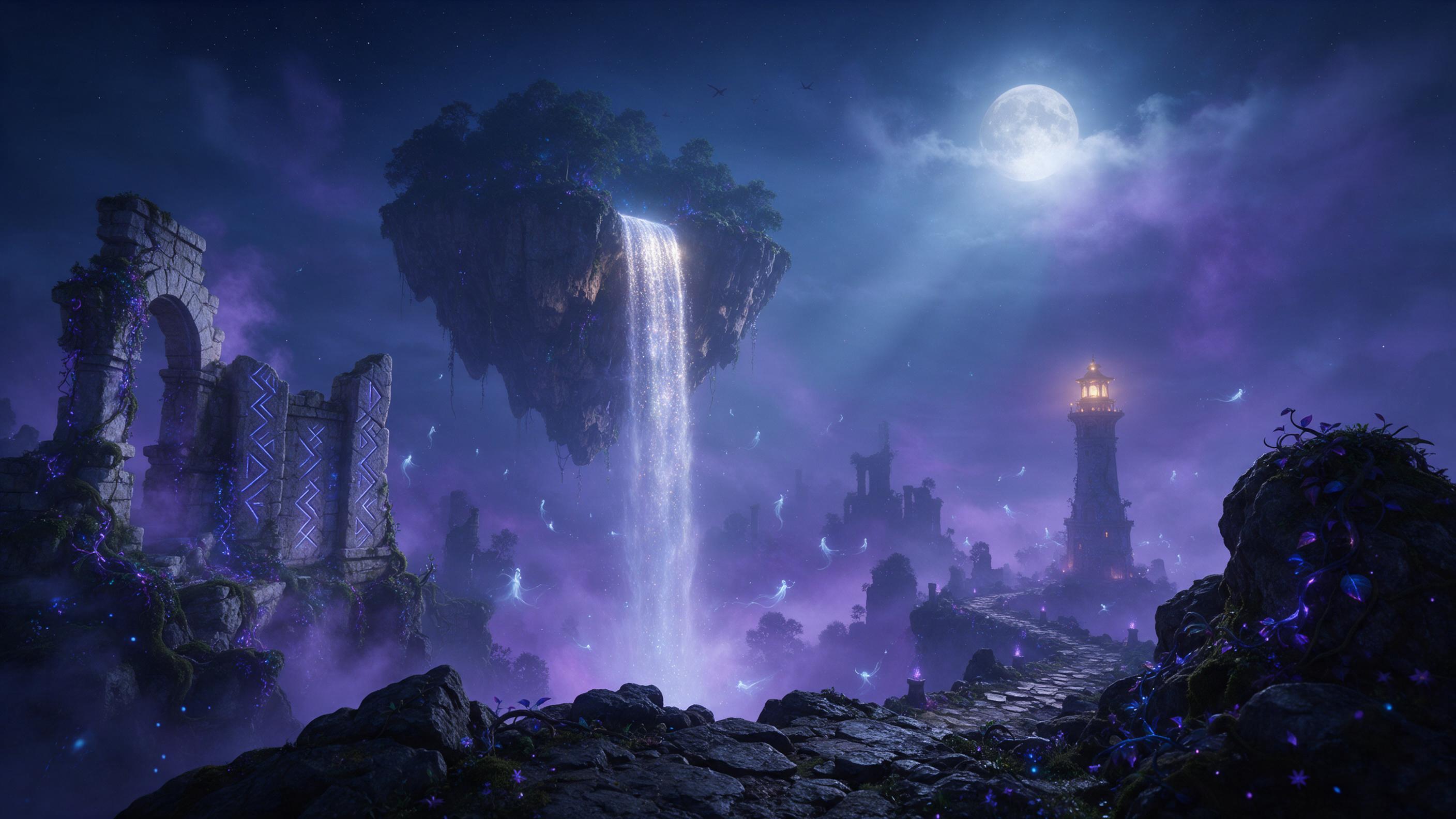 A moonlit floating island with a silver waterfall cascading into a glowing abyss, ancient runes carved on stone ruins, bioluminescent vines and purple mist, surrounded by tiny wisp-like spirits with trailing light, view from a rocky cliff edge, warm lantern glow from a distant tower, soft volumetric
