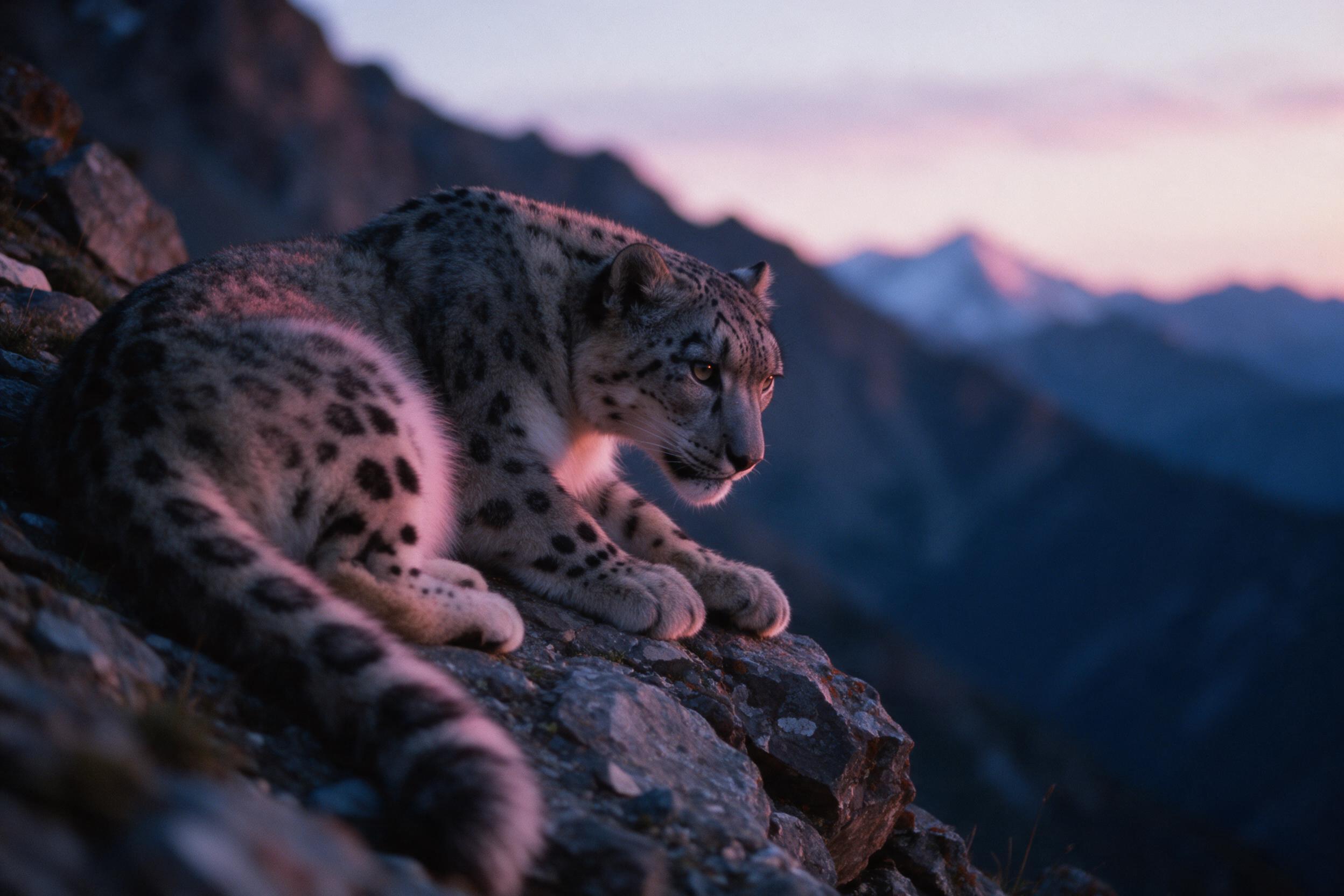 A snow leopard rests on a rocky outcrop at dusk, its gaze fixed downhill. Soft pink alpenglow catches the fur edges, while deep blue shadows fill the valley below. Shot with a 200mm lens, shallow depth of field blurs the distant peaks. Slight grain adds film texture. Composition: leopard off-center 