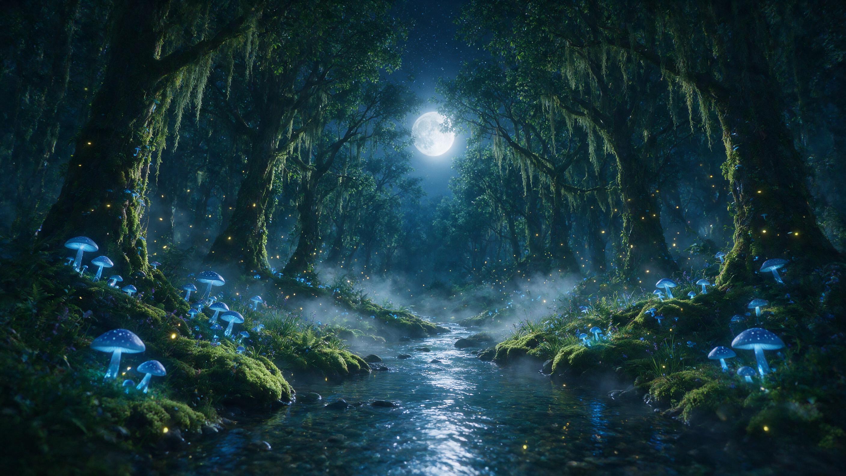 A moonlit enchanted forest with glowing blue mushrooms and floating fireflies, a crystal-clear stream winding through moss-covered stones, soft mist rising from the ground, deep shadows and gentle highlights, ethereal atmosphere, slight camera shake for a dreamy feel.