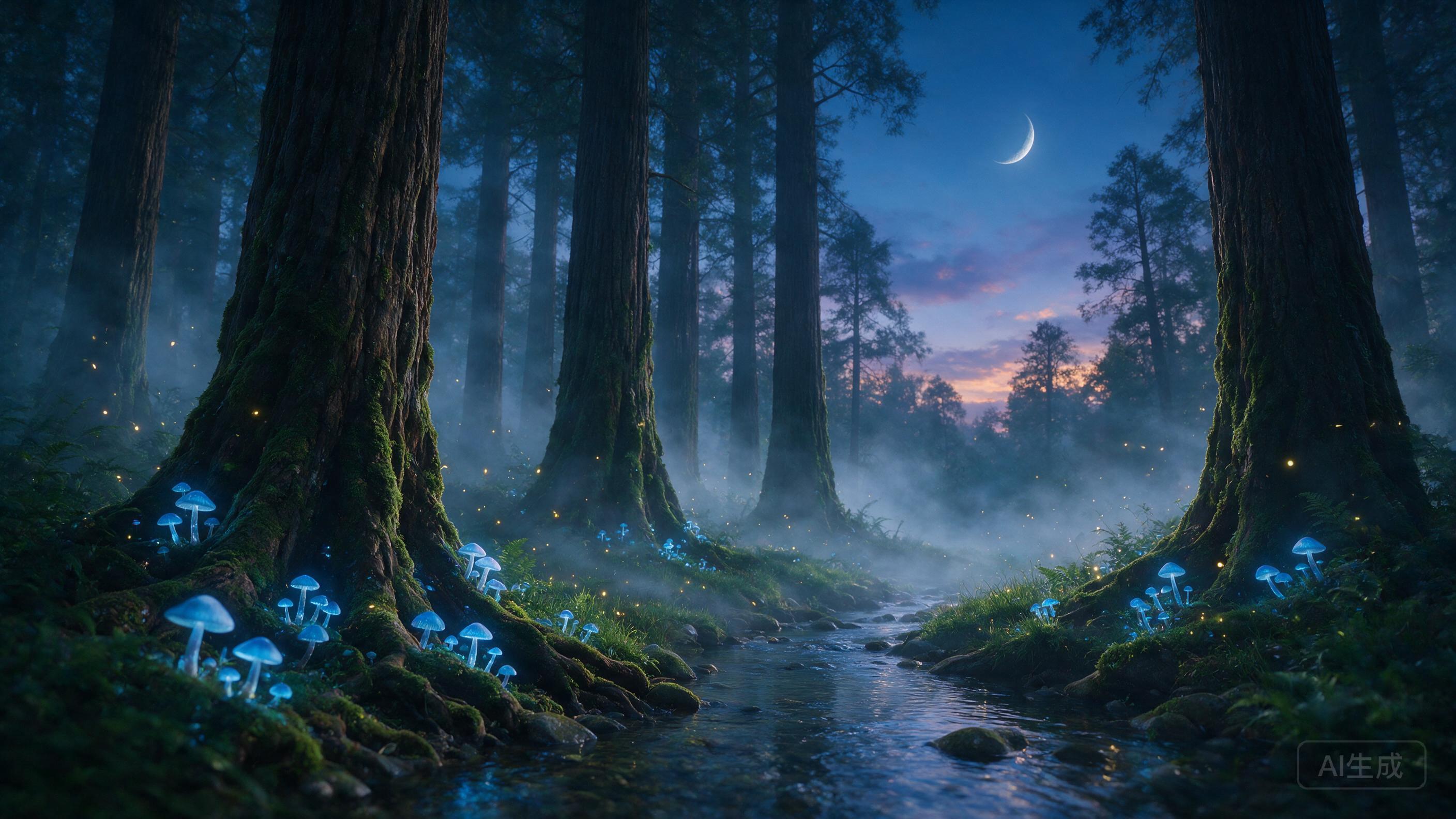 A misty forest at twilight, towering ancient trees with glowing blue mushrooms at their roots, a small stream reflecting the faint light of a crescent moon, soft fog drifting between the trunks, warm golden fireflies scattered in the air, cinematic composition with shallow depth of field, natural at