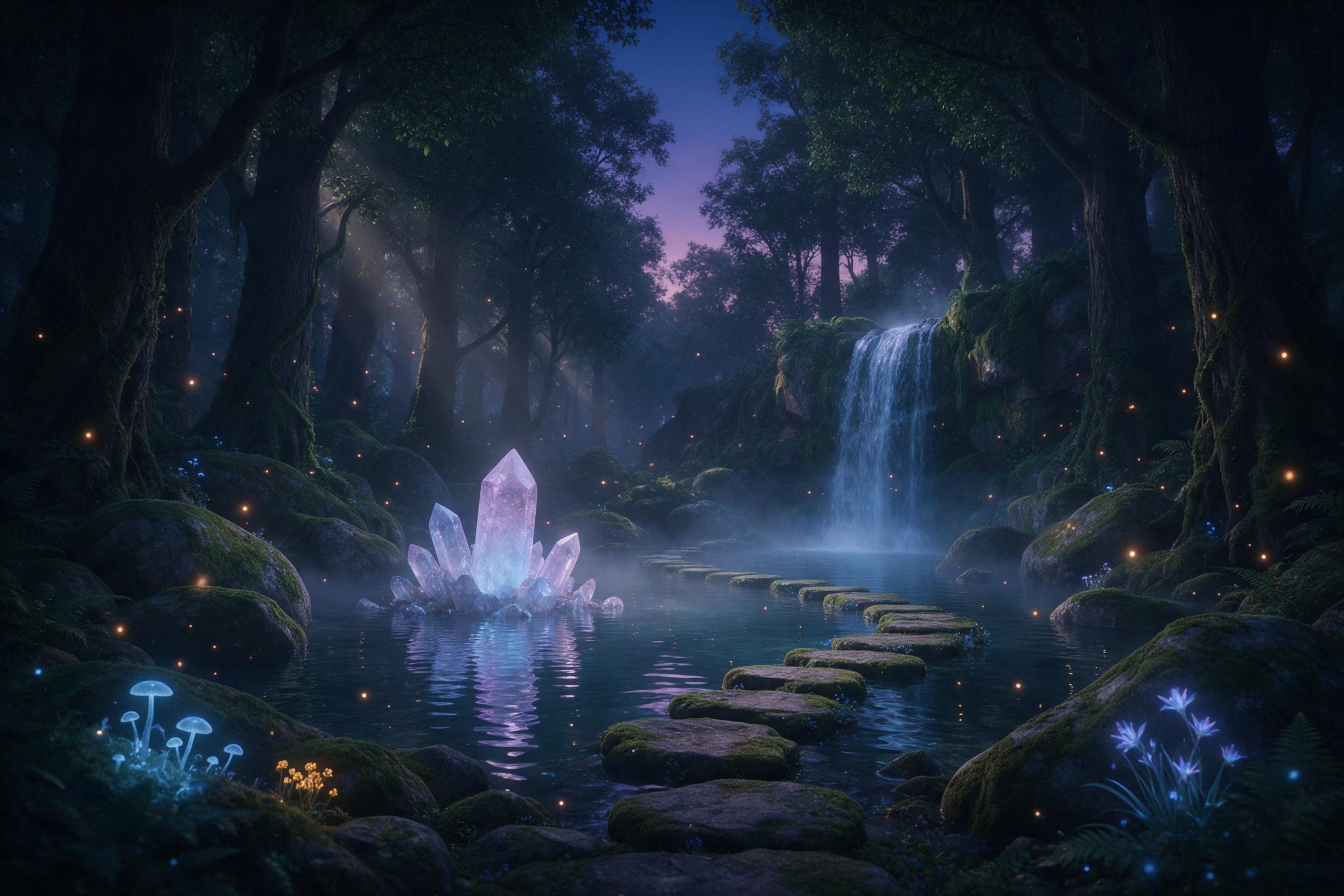 A glowing crystal oasis nestled in twilight forest, fireflies flitting between ancient moss-covered stones, bioluminescent plants casting soft blue and violet light, a winding path leading to a hidden waterfall, mist rising, ethereal atmosphere, cinematic composition, warm golden accents