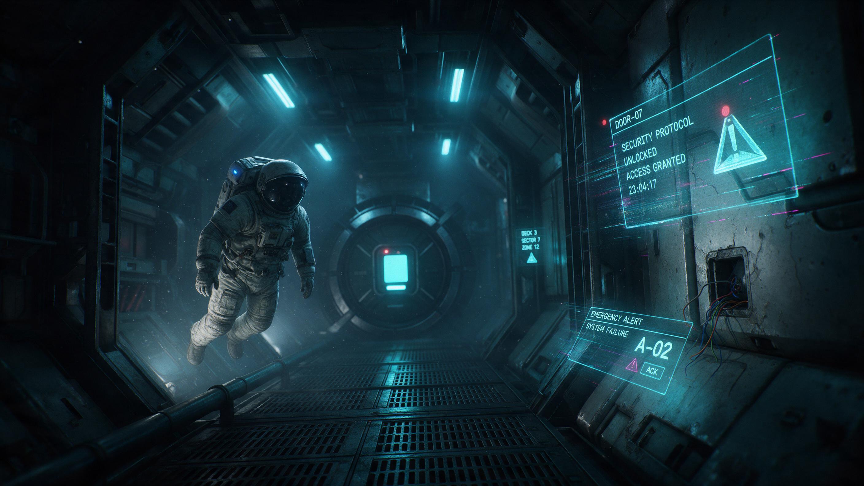An abandoned space station corridor with flickering neon lights, dust particles floating in a cold blue glow, holographic screens glitching with static, a lone astronaut suit drifting in zero gravity, sharp contrast between dark shadows and cyan highlights, cinematic wide-angle composition, subtle l