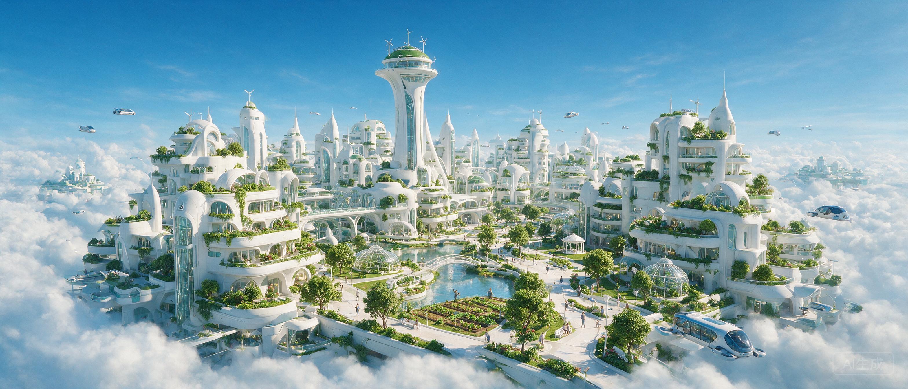 High-tech sustainable city floating on clouds, white and green architecture, flying vehicles, clean futuristic design