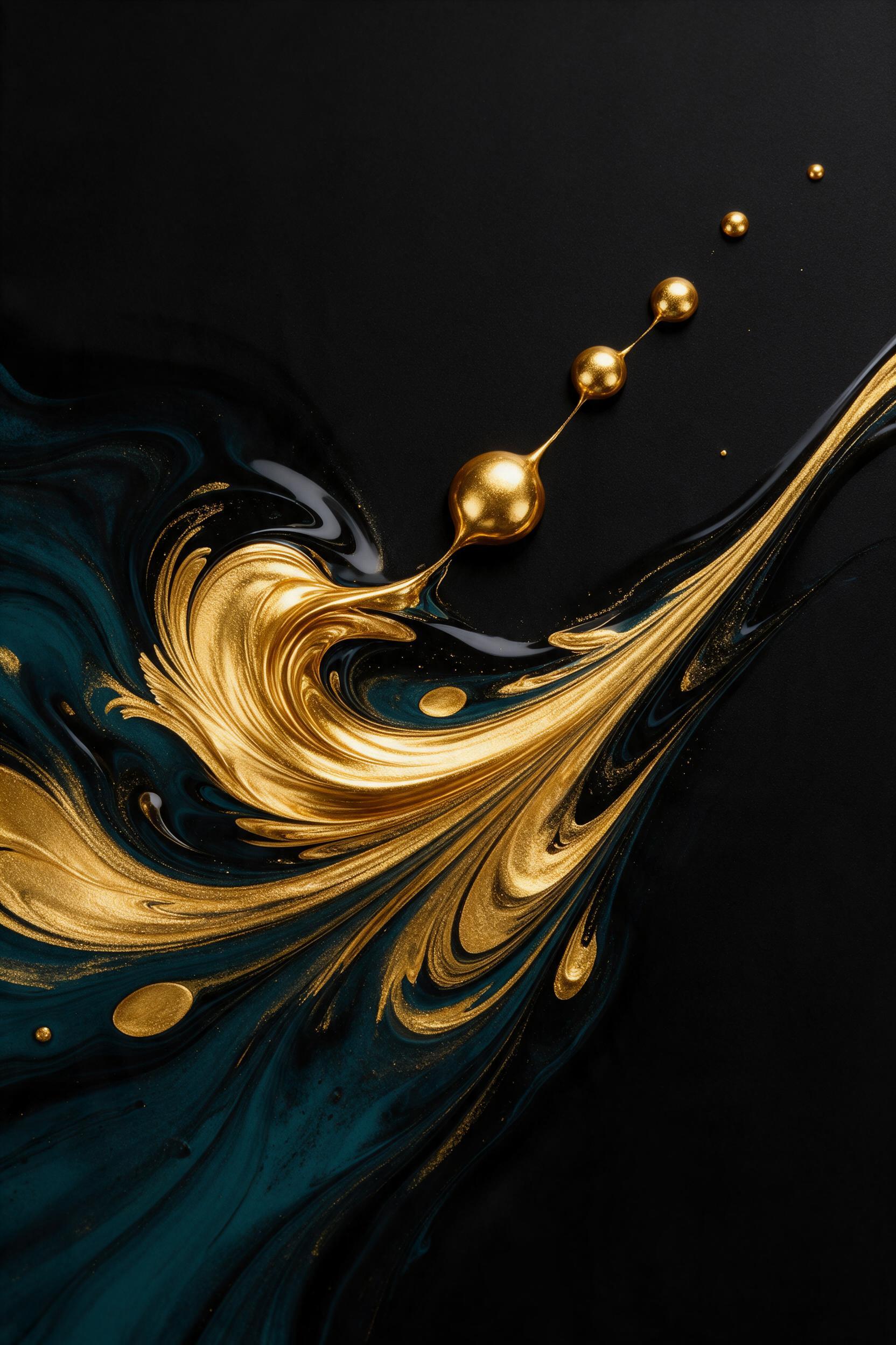 Fluid art of molten gold and deep teal swirling on black canvas, macro droplets suspended mid-flow, soft studio reflections, minimal composition, sharp focus on texture contrast