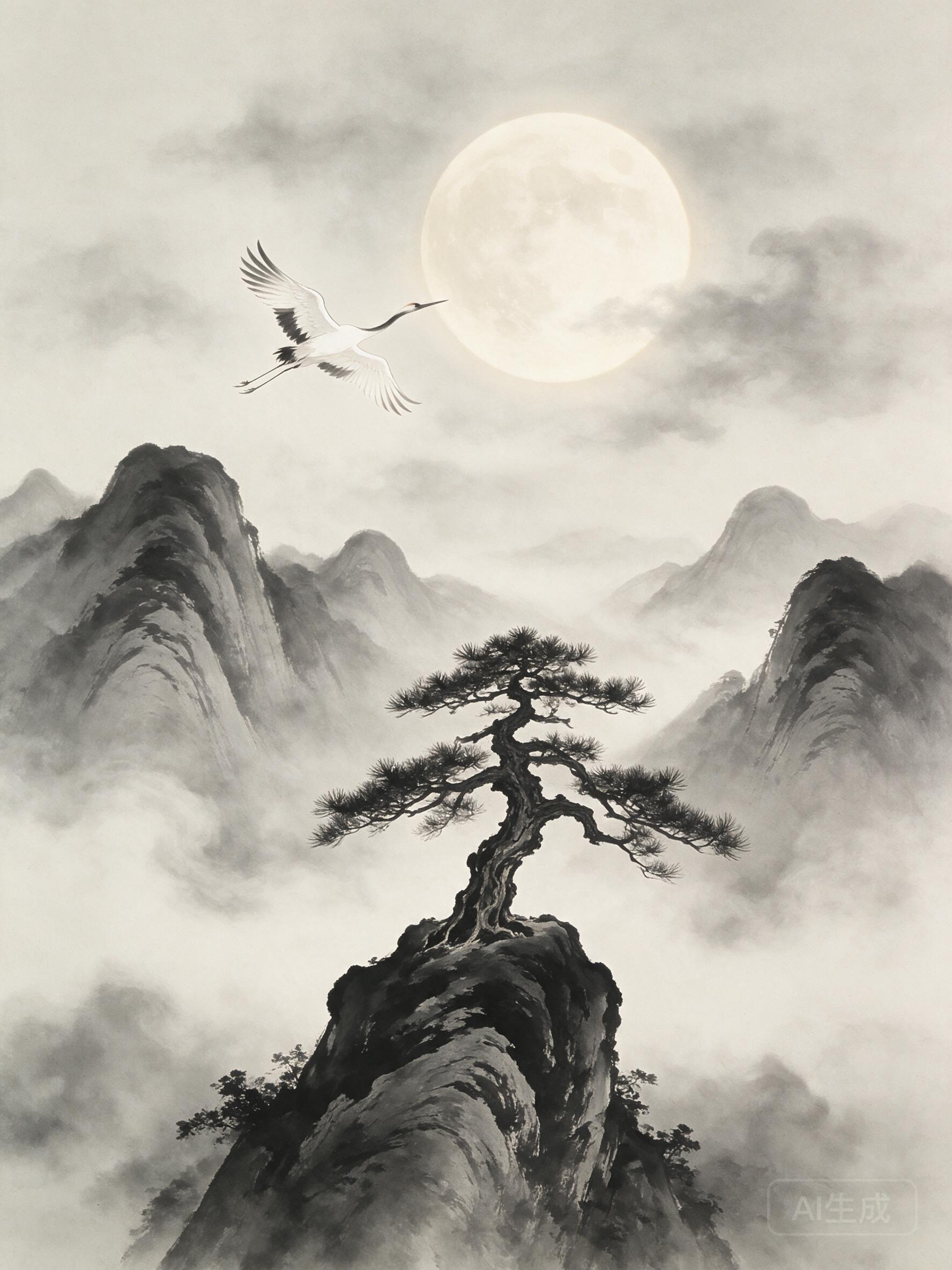 Traditional ink wash painting style, misty mountains with solitary pine, crane flying across the moon, monochrome
