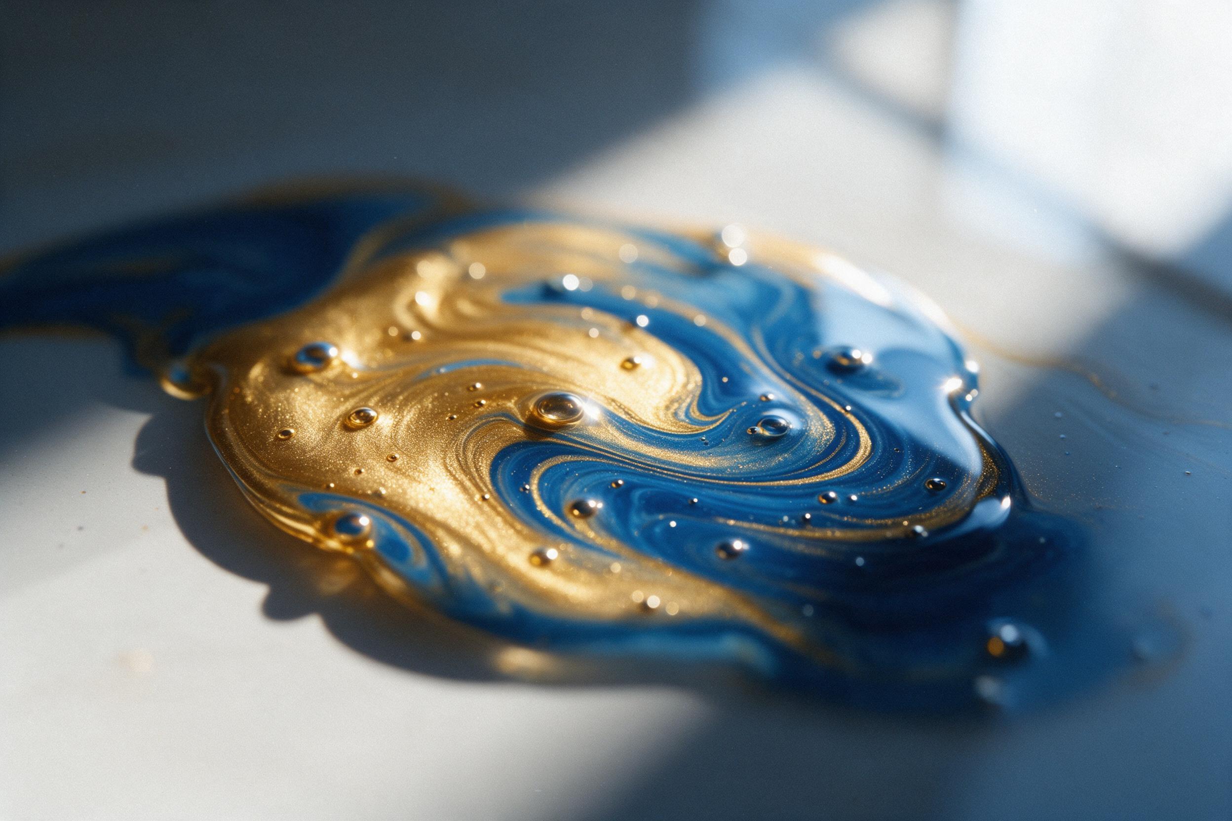 Molten gold and deep cerulean fluid art swirl in a macro shot, with tiny air bubbles trapped. Glossy surface catches sharp window light, casting soft shadows. Minimalist composition with negative space, shallow depth of field, subtle film grain.