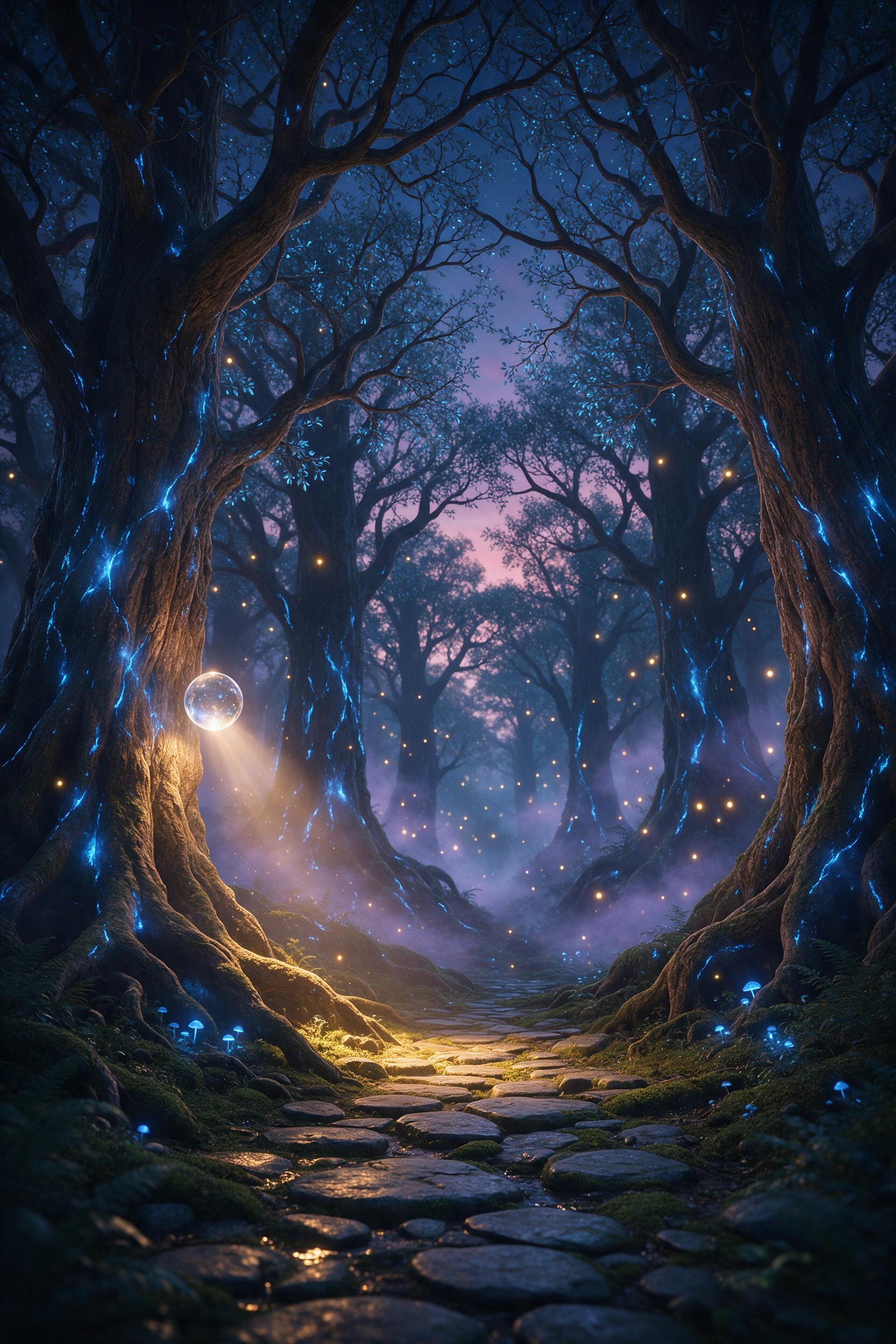 A mystical bioluminescent forest at twilight, where towering ancient trees have glowing blue veins, and soft purple mist weaves between roots. A small floating crystal orb casts warm honey light on a mossy stone path. Misty air, fireflies in the distance, gentle fog. Composition: low angle looking u