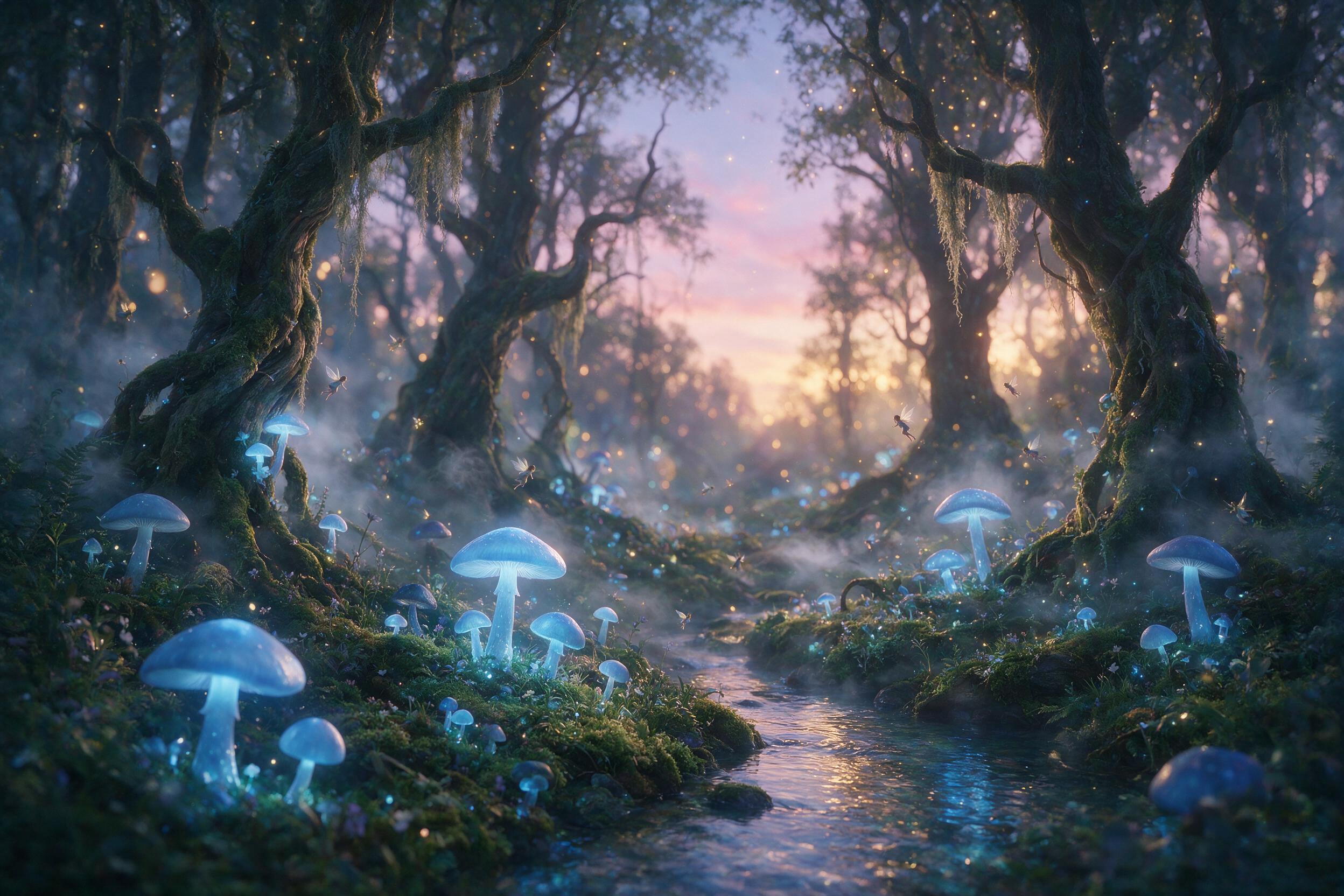Ethereal forest at twilight, massive glowing mushrooms casting soft blue light on moss-covered ground, tiny winged fairies flitting between ancient gnarled trees, mist swirling low, shallow depth of field with warm amber bokeh in background