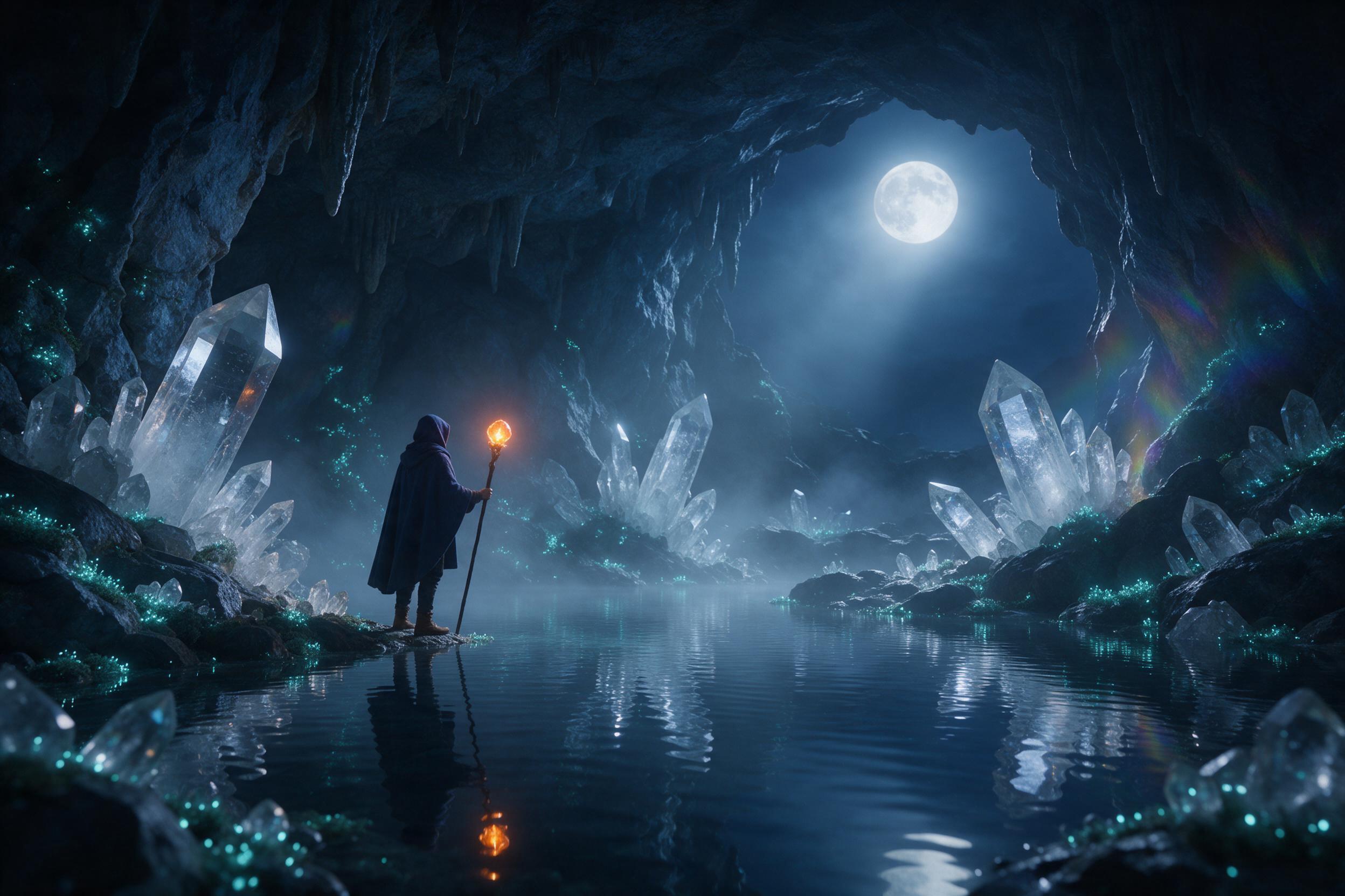 A moonlit crystal cavern, bioluminescent moss glowing teal, a lone hooded figure with a glowing staff, misty air, reflective underground pool, faint rainbow refraction from crystals, long shadows, cool blue tones with orange accent light from staff, wide-angle composition