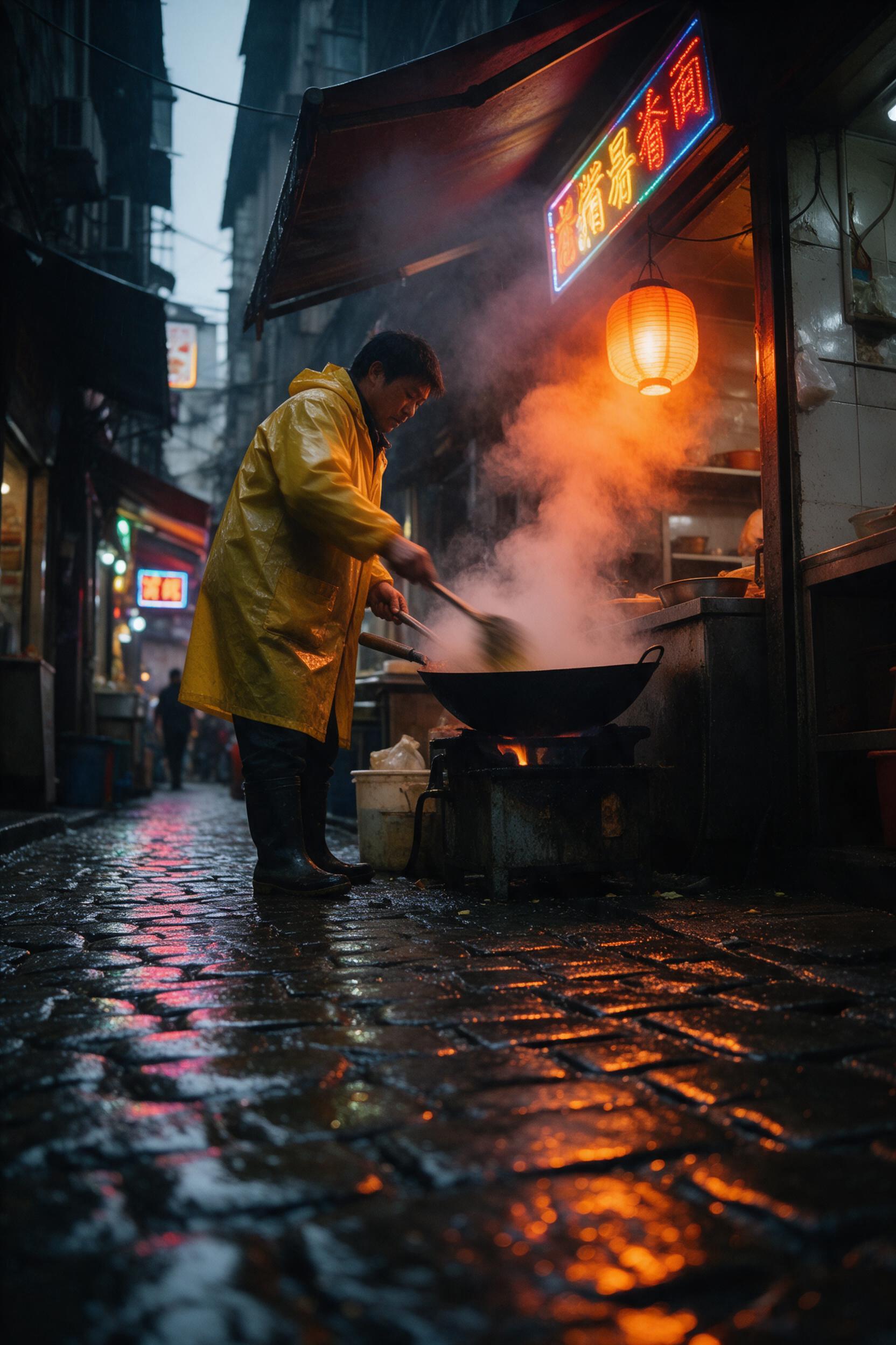 In a narrow alley of an old city, rain-soaked cobblestones reflect neon signs from small eateries above. A local vendor in a yellow raincoat stirs a steaming wok, motion blur visible at the stir. Steam rises, caught in the orange glow of a hanging lantern. Shot from a low angle, emphasizing the dept