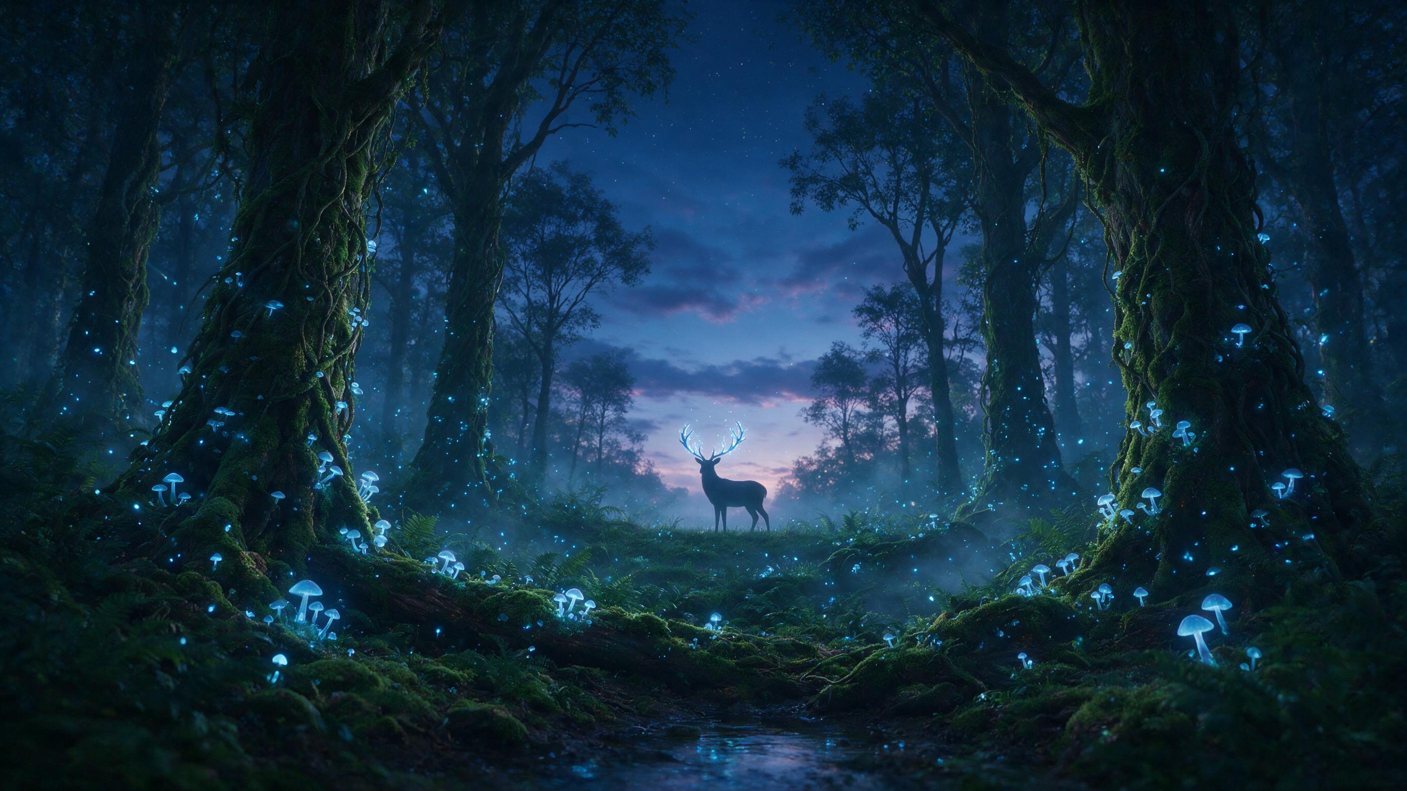 A luminous forest at twilight, glowing mushrooms and floating fireflies casting soft blue light onto ancient mossy trees, a silhouette of a deer with antlers aglow, mist weaving through ferns, shallow depth of field, ethereal and serene