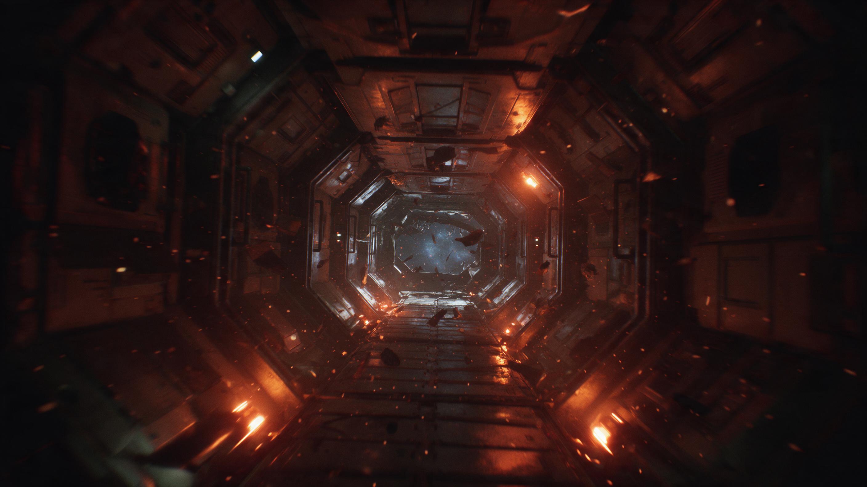 A derelict space station corridor, lit by flickering orange emergency lights, with floating debris and dust motes catching the glow. A faint blue nebula visible through a shattered window. Slight camera shake, grainy film aesthetic, claustrophobic composition with a vanishing point.