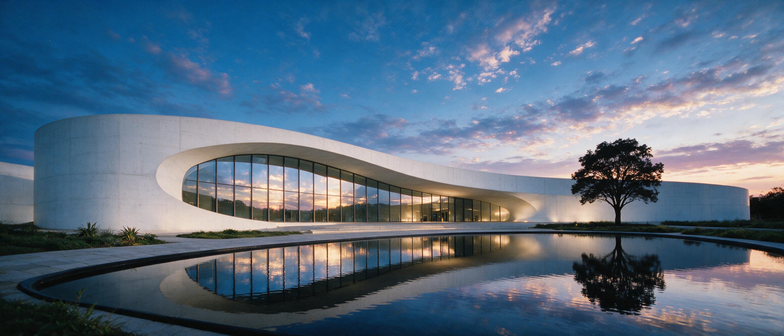 A minimalist white concrete museum wing with a sweeping curved glass facade, reflecting a deep blue sky at dusk. A still reflecting pool mirrors the structure, with a single dark tree silhouette at the edge. Wide-angle composition, soft golden hour light, subtle film grain, no people.