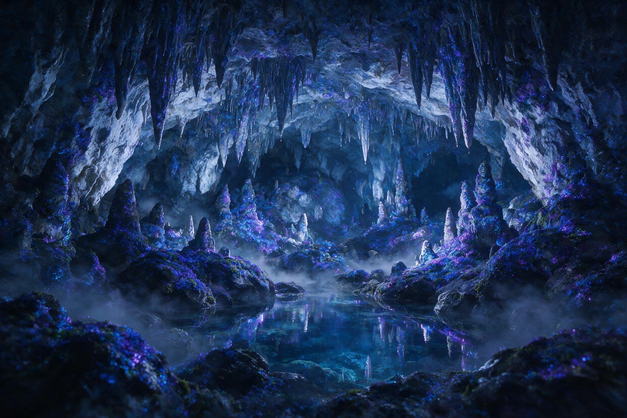 A glowing crystal cave deep underground, bioluminescent blue and purple moss clinging to jagged stalactites, a small pool of clear water reflecting the light, mist swirling gently, soft ambient glow from hidden sources, slight grain for a dreamlike atmosphere