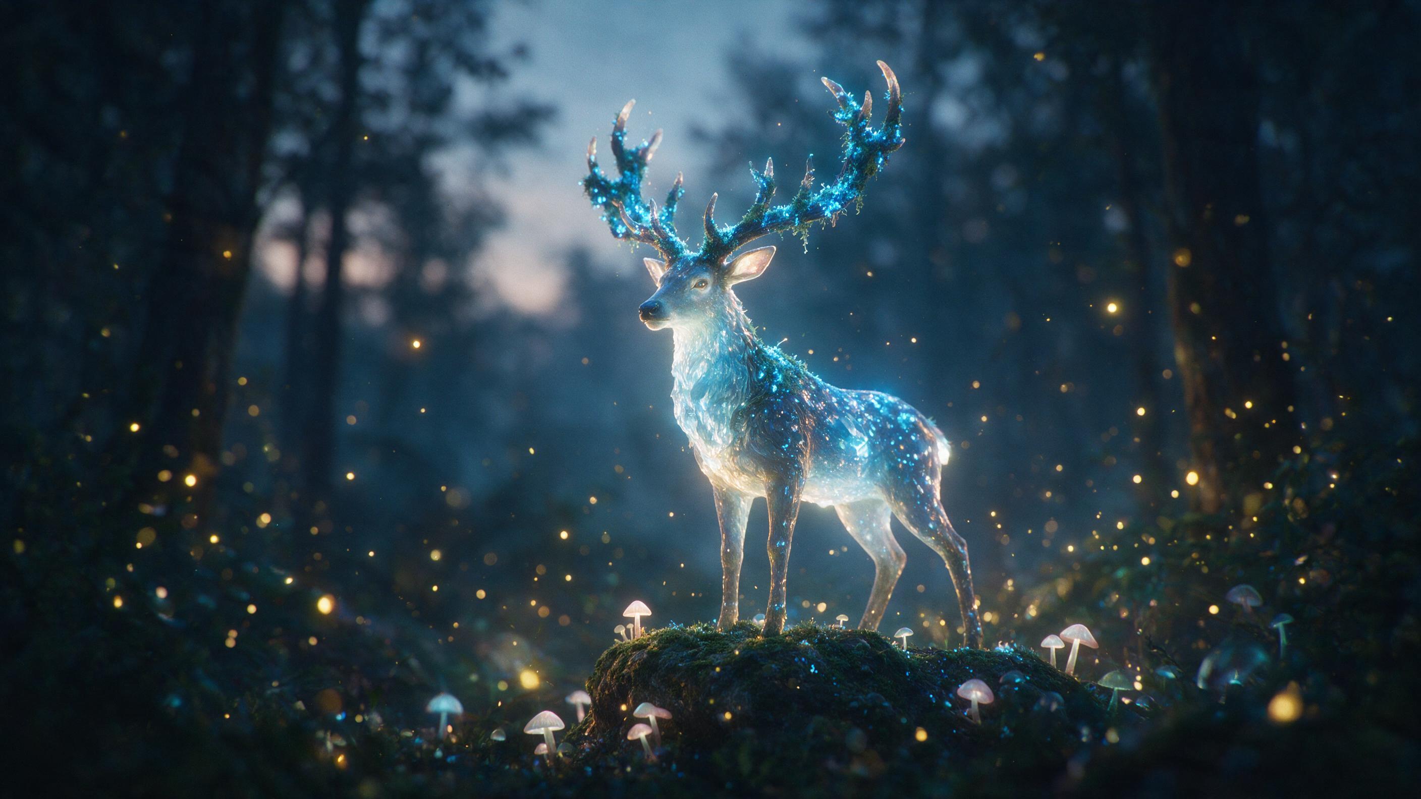 In a misty twilight forest, a glowing crystal stag with antlers of luminescent blue moss stands on a mossy rock, soft bioluminescent mushrooms around, warm golden fireflies, cinematic lighting, shallow depth of field, slight grain