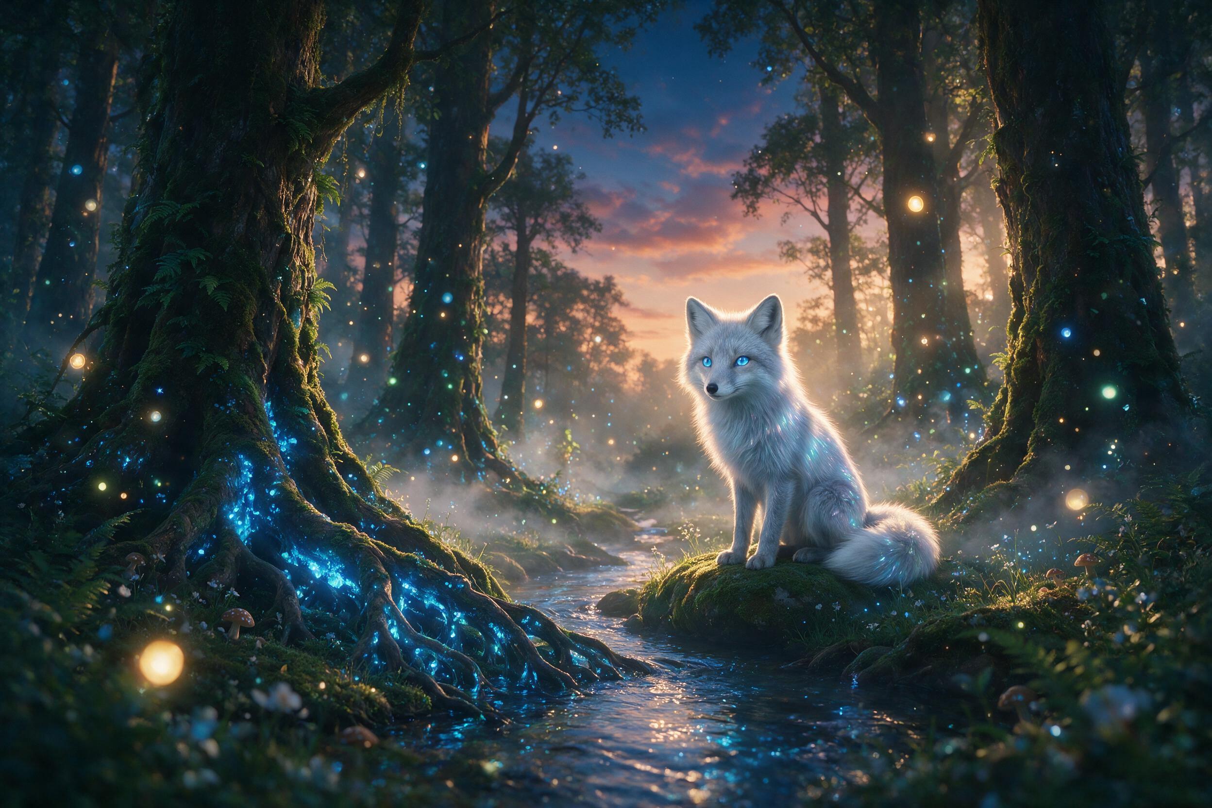 A luminous forest at twilight, where ancient trees with bioluminescent blue roots intertwine with floating glowing orbs. A silver fox with crystal eyes sits on a mossy stone, its fur reflecting soft moonlight. Misty atmosphere, shallow depth of field, gentle golden hour light filtering through canop