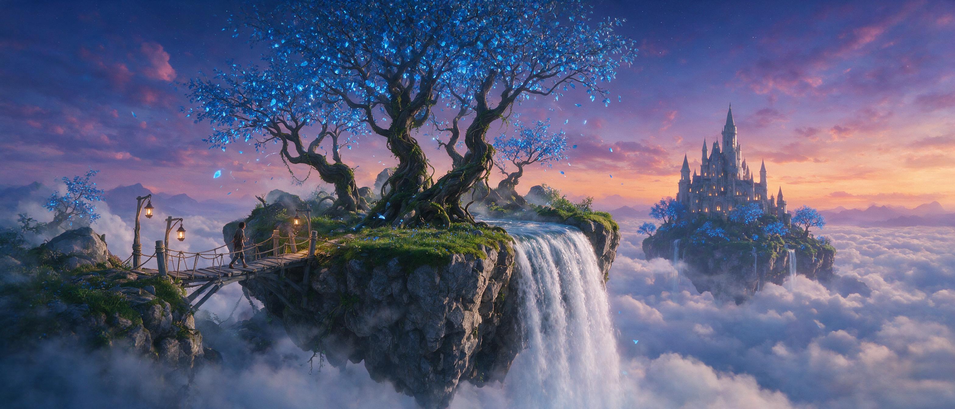 A floating island in twilight, ancient twisted trees with glowing blue leaves, a waterfall cascading into clouds below, distant castle spires on a neighboring isle, soft purple and orange sky, gentle mist, warm lantern light from a small wooden bridge, cinematic composition, dreamy atmosphere