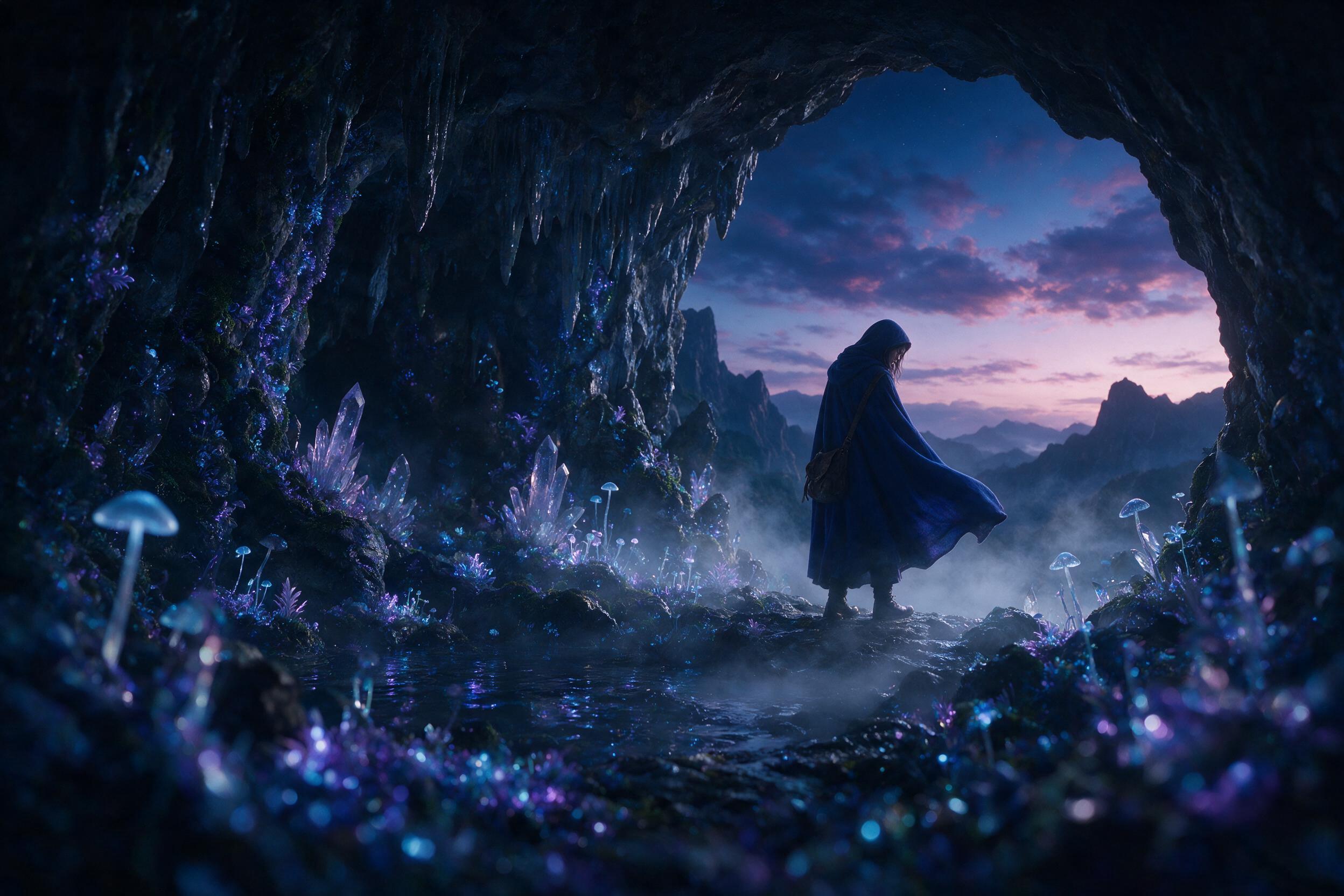 A luminous crystal cave under a twilight sky, bioluminescent flora glowing in soft blue and violet, a lone figure in a flowing cloak stands at the entrance, mist swirling, shallow depth of field, cinematic lighting, ethereal atmosphere