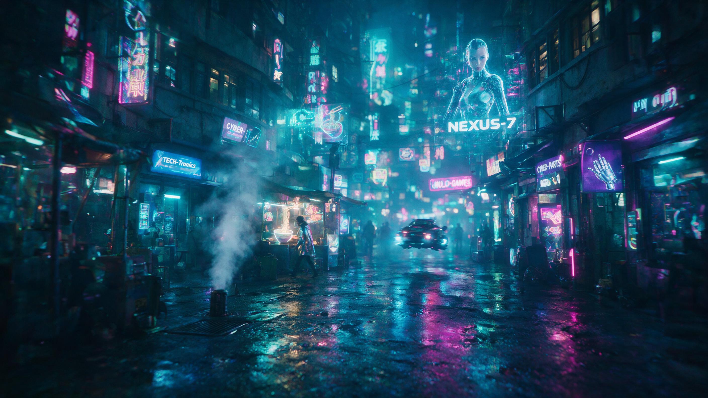 A neon-lit cyberpunk market alley at night, rain-slicked asphalt reflecting holographic advertisements, steam rising from street vents, a lone figure in a reflective coat walking past a glowing noodle stand, shallow depth of field, cyan and magenta color palette, slight motion blur on passing hoverb